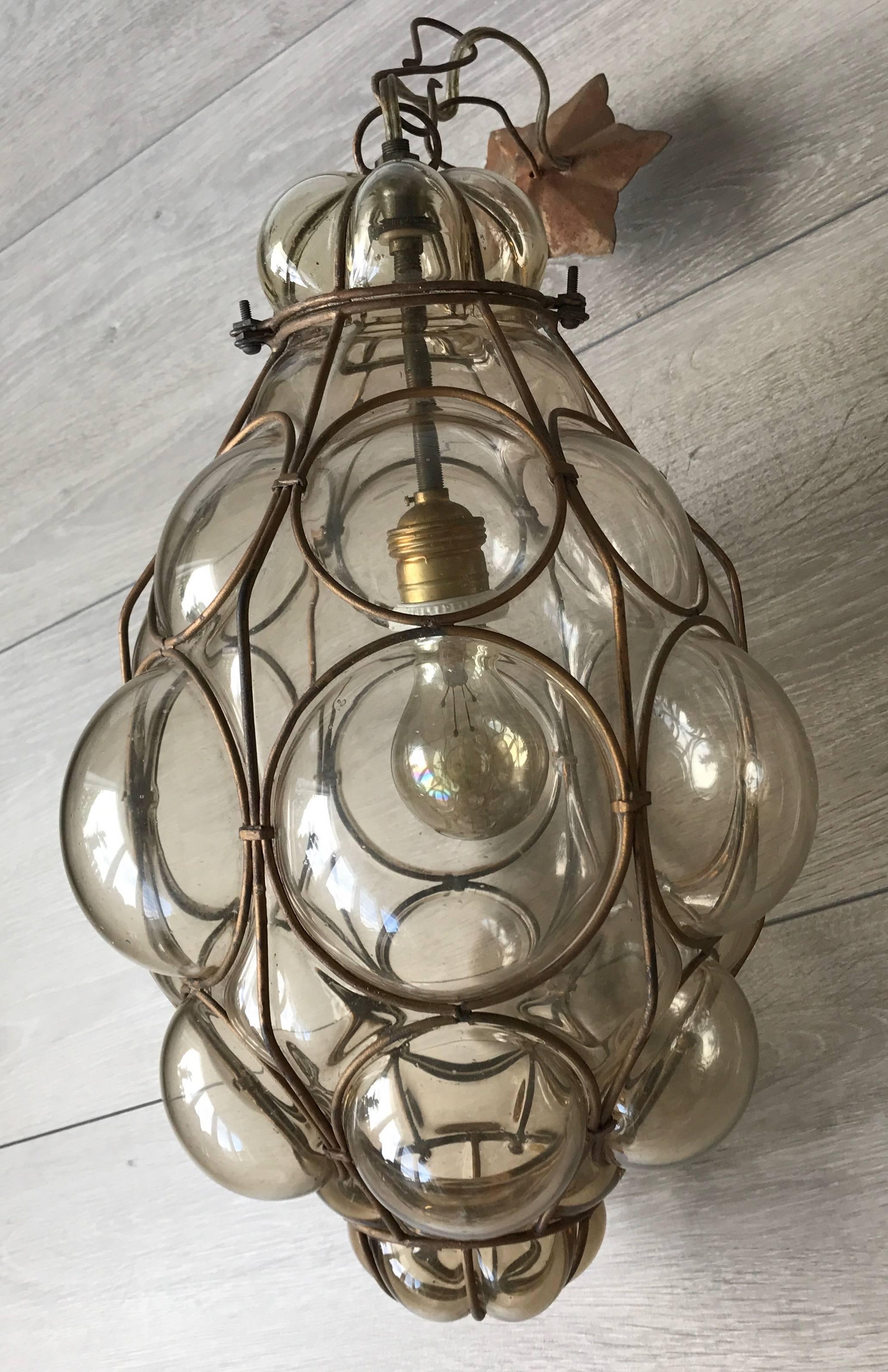 20th Century Antique and Rare Venetian Mouth Blown Glass in Metal Frame Pendant Light