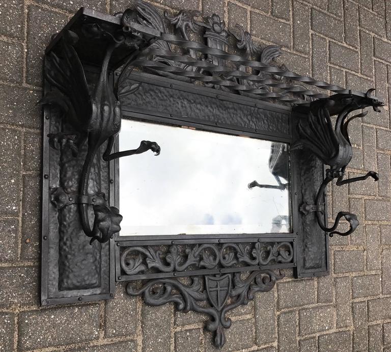 Dragon Rack Stunning Arts and Crafts Wrought Iron Art Wall Coat Rack / Mirror with ...