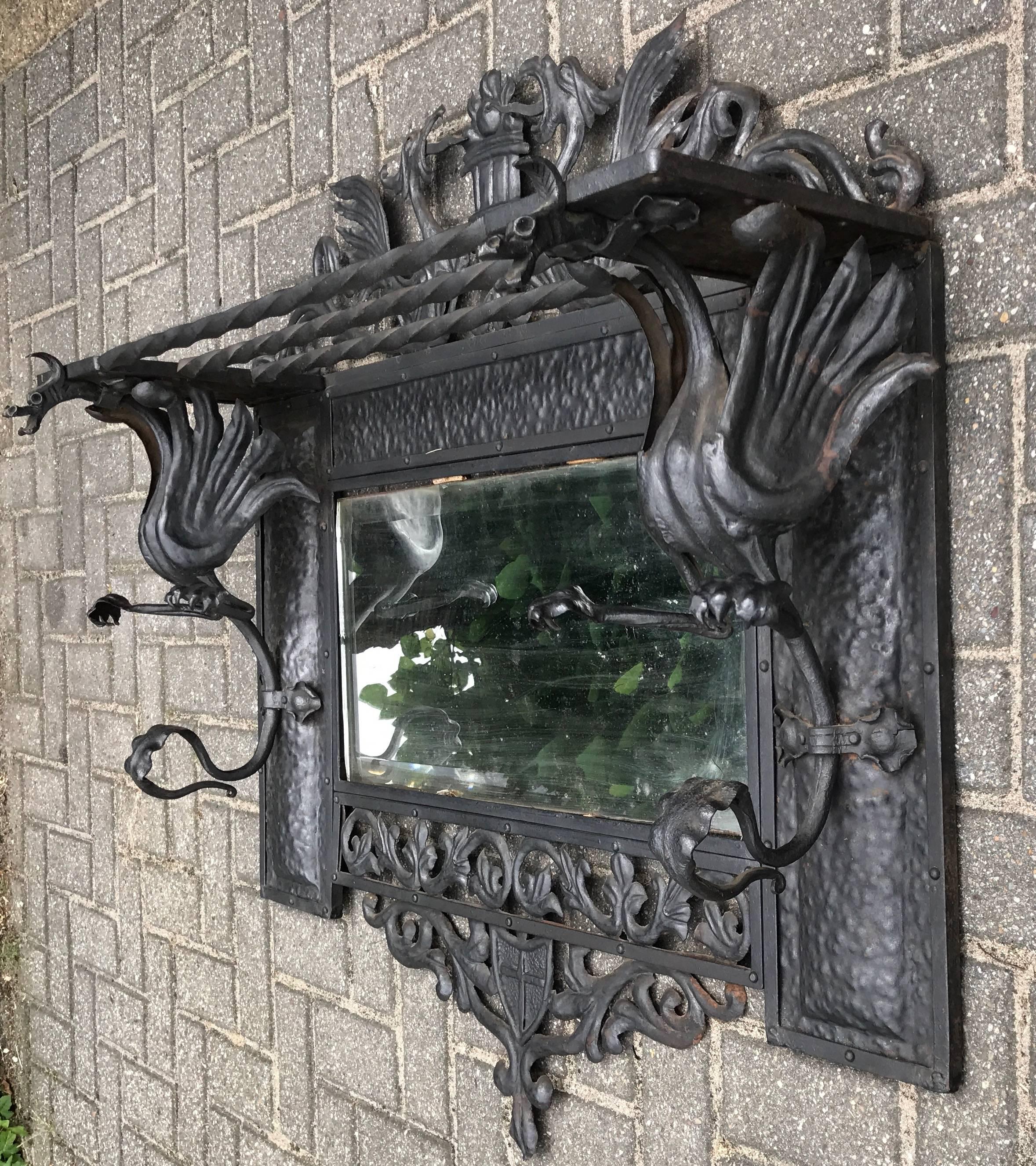 French Stunning Arts and Crafts Wrought Iron Art Wall Coat Rack / Mirror with Dragons