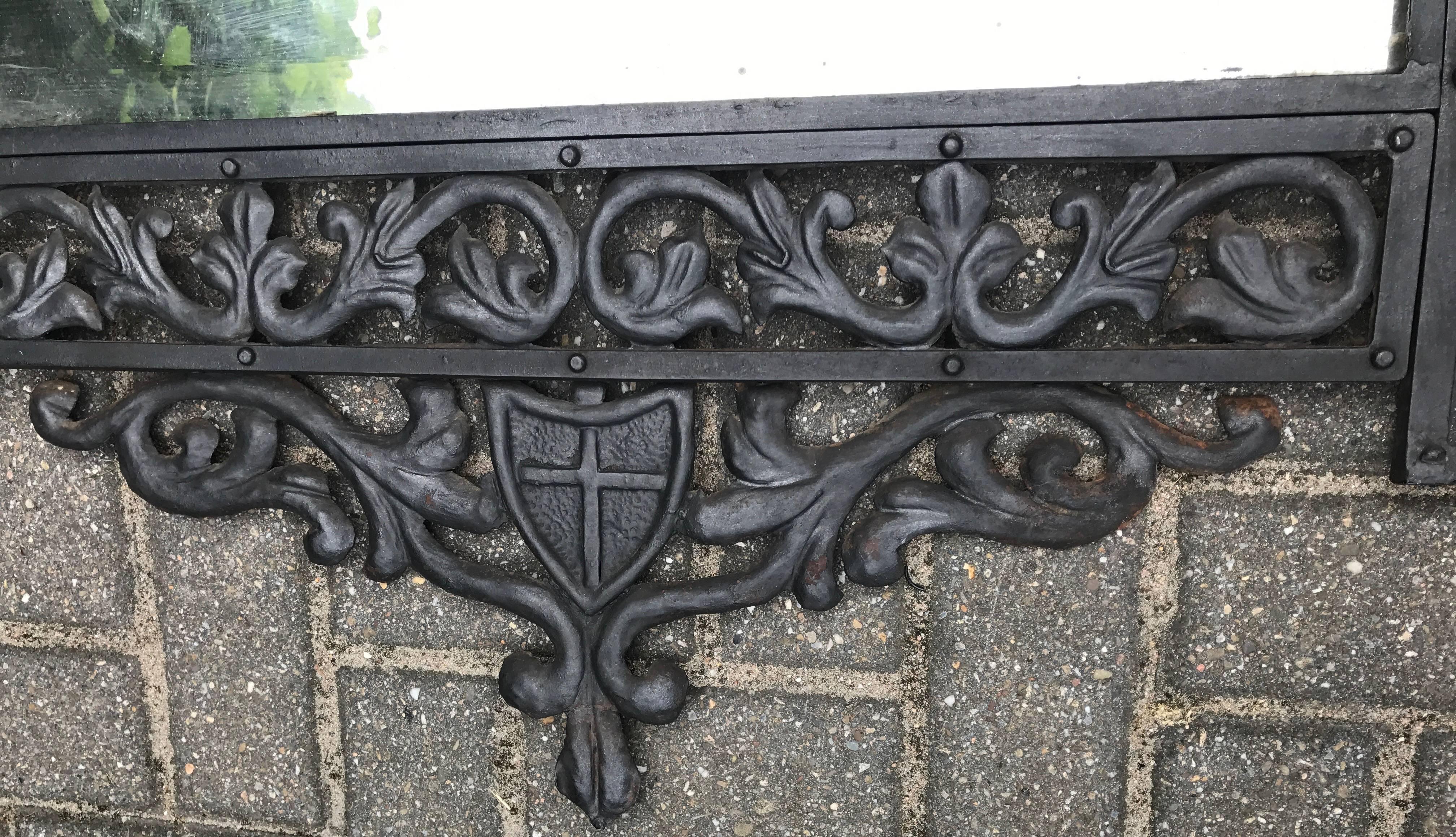 Stunning Arts and Crafts Wrought Iron Art Wall Coat Rack / Mirror with Dragons In Excellent Condition In Lisse, NL