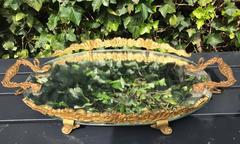 Hand-Crafted, Gilt Bronze and Oval Mirror Serving or Display Tray Flowery Design