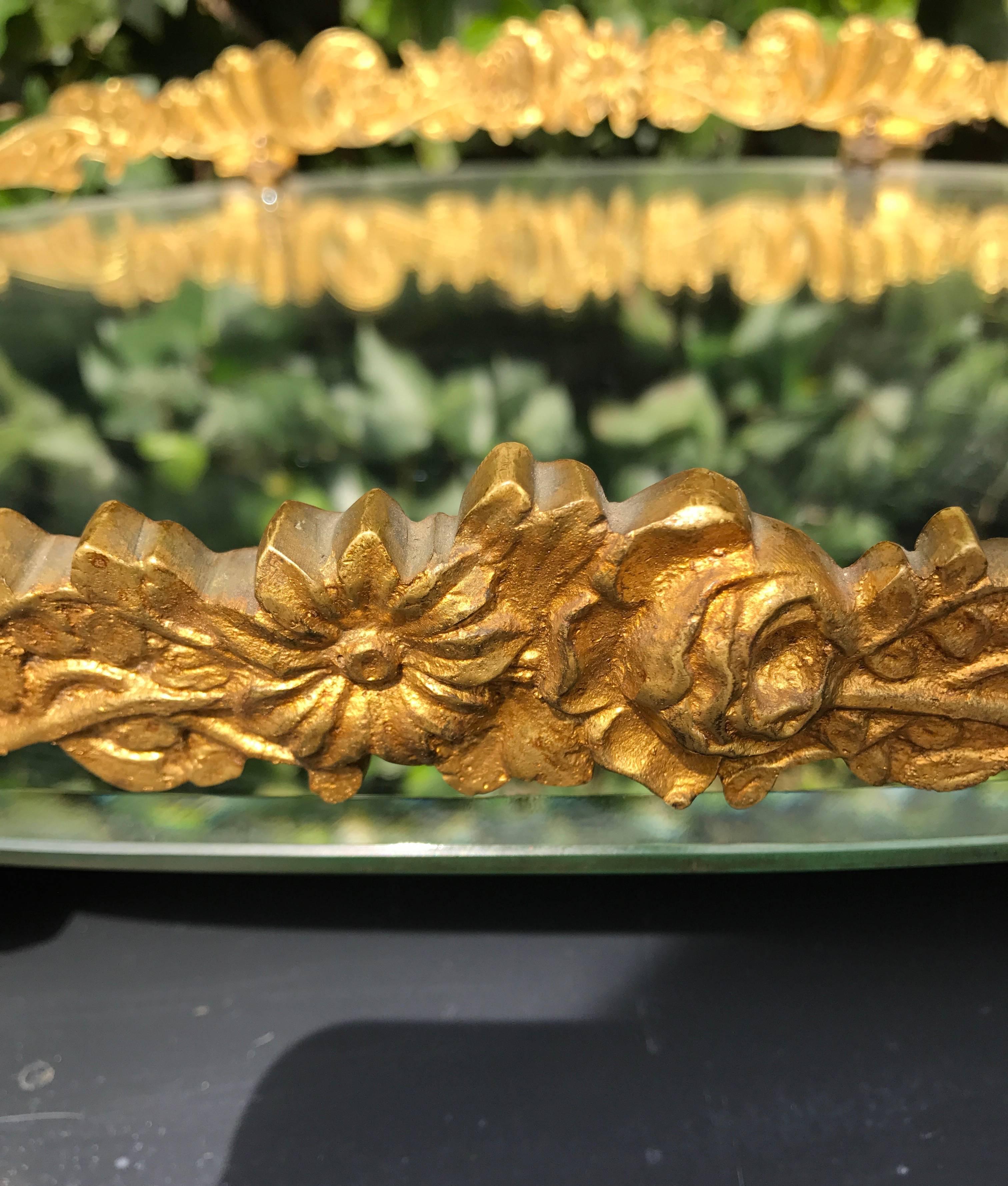 Beveled Hand-Crafted, Gilt Bronze and Oval Mirror Serving or Display Tray Flowery Design