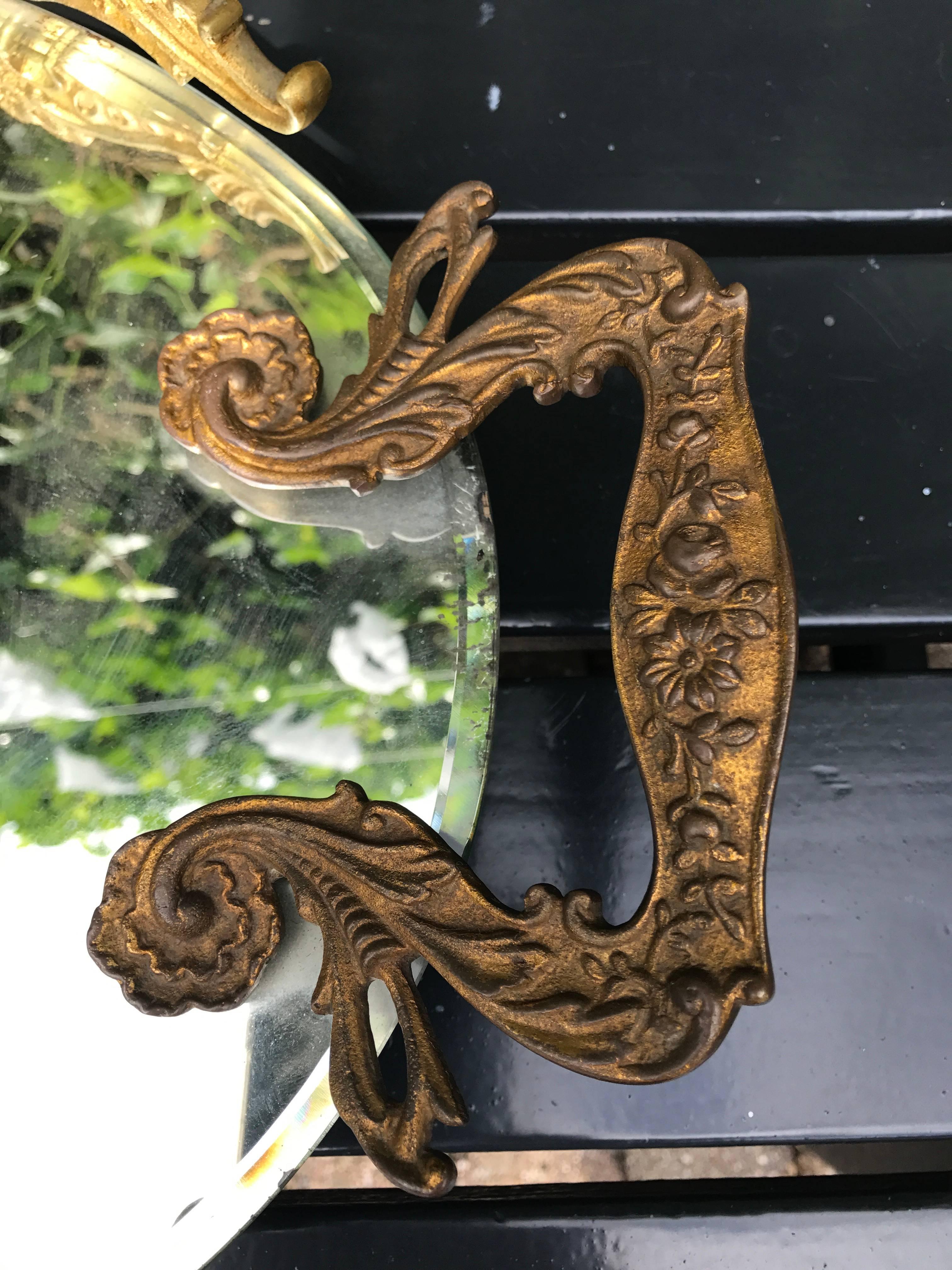 Hand-Crafted, Gilt Bronze and Oval Mirror Serving or Display Tray Flowery Design In Excellent Condition In Lisse, NL