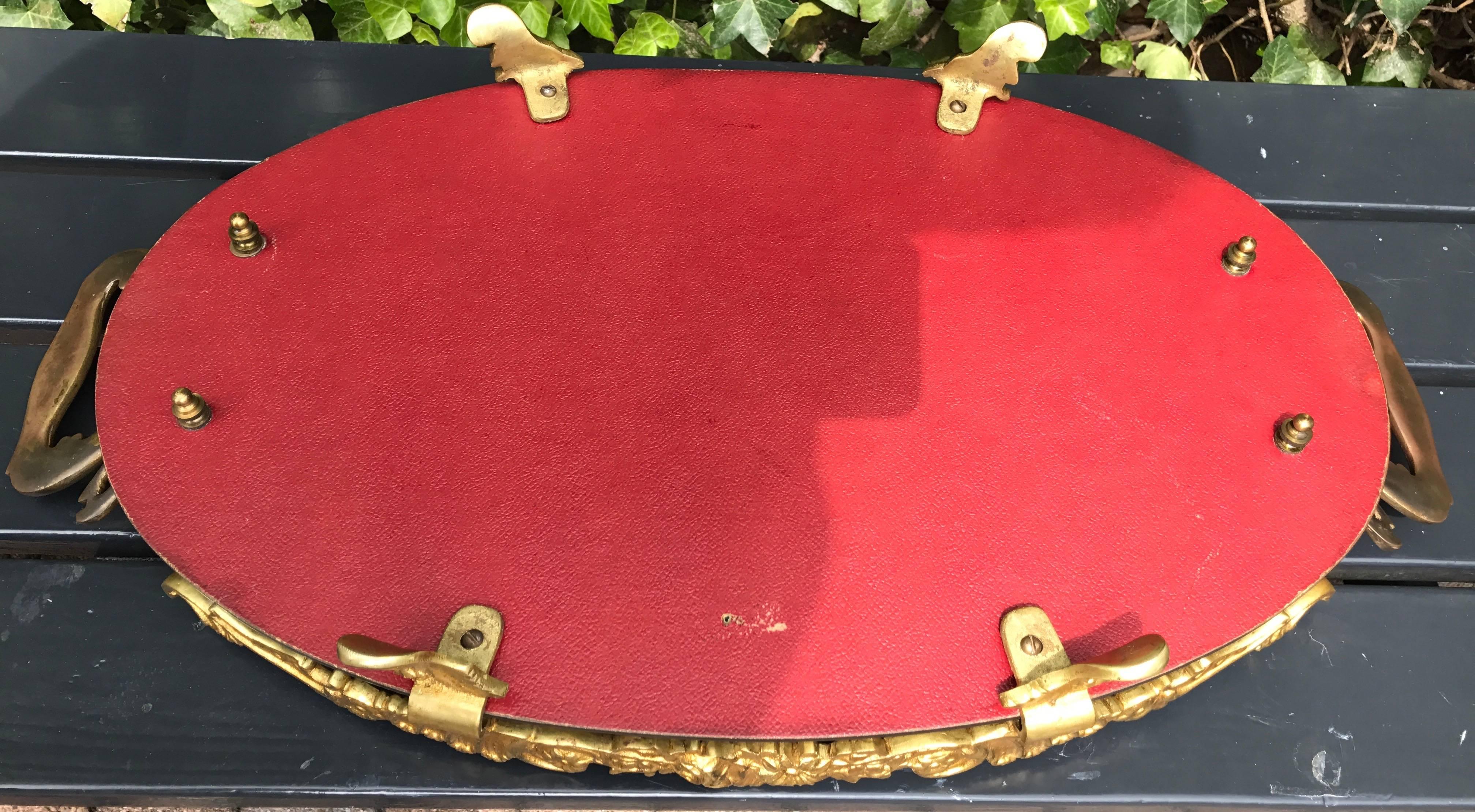 20th Century Hand-Crafted, Gilt Bronze and Oval Mirror Serving or Display Tray Flowery Design