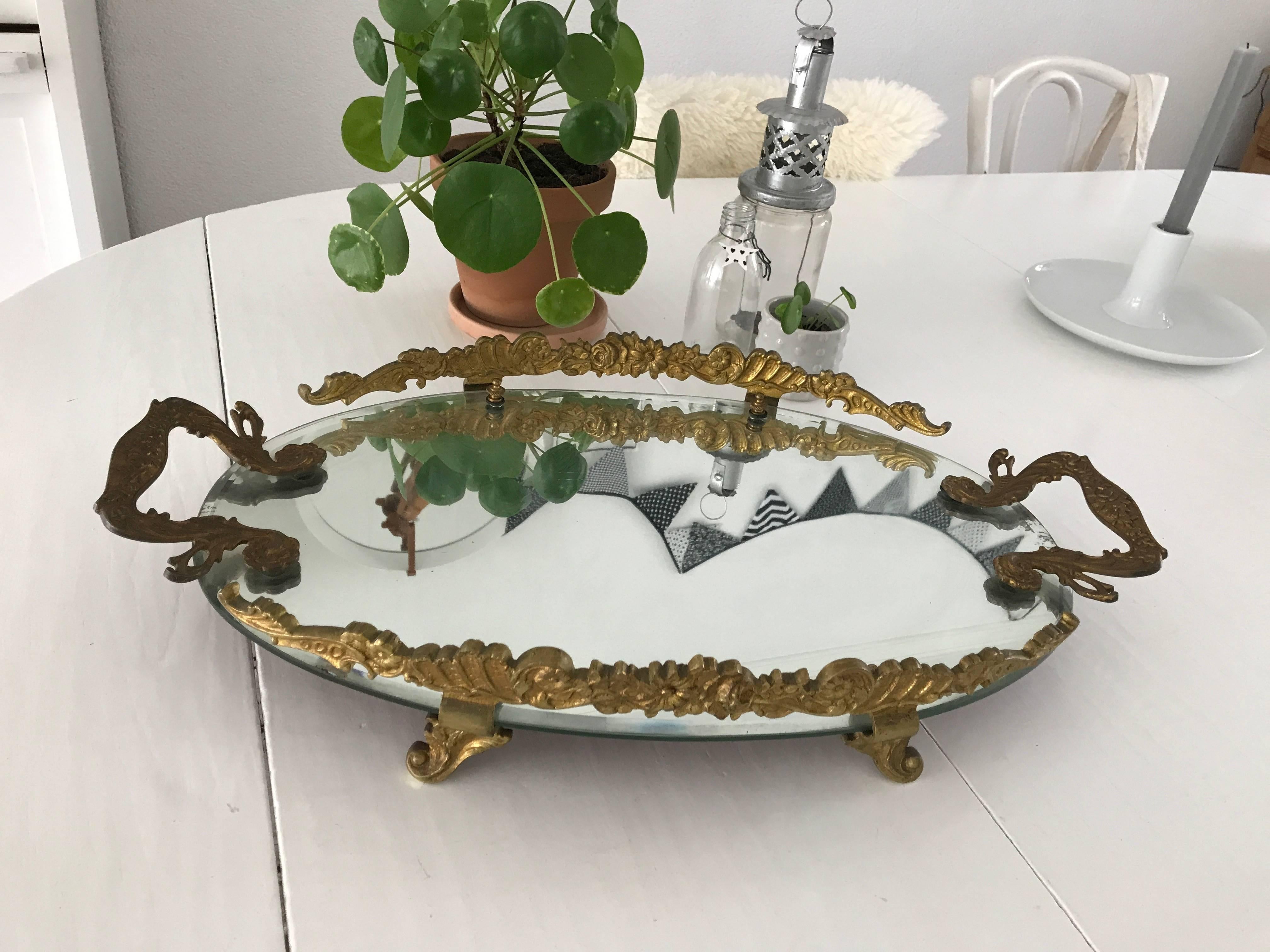 Hand-Crafted, Gilt Bronze and Oval Mirror Serving or Display Tray Flowery Design 2