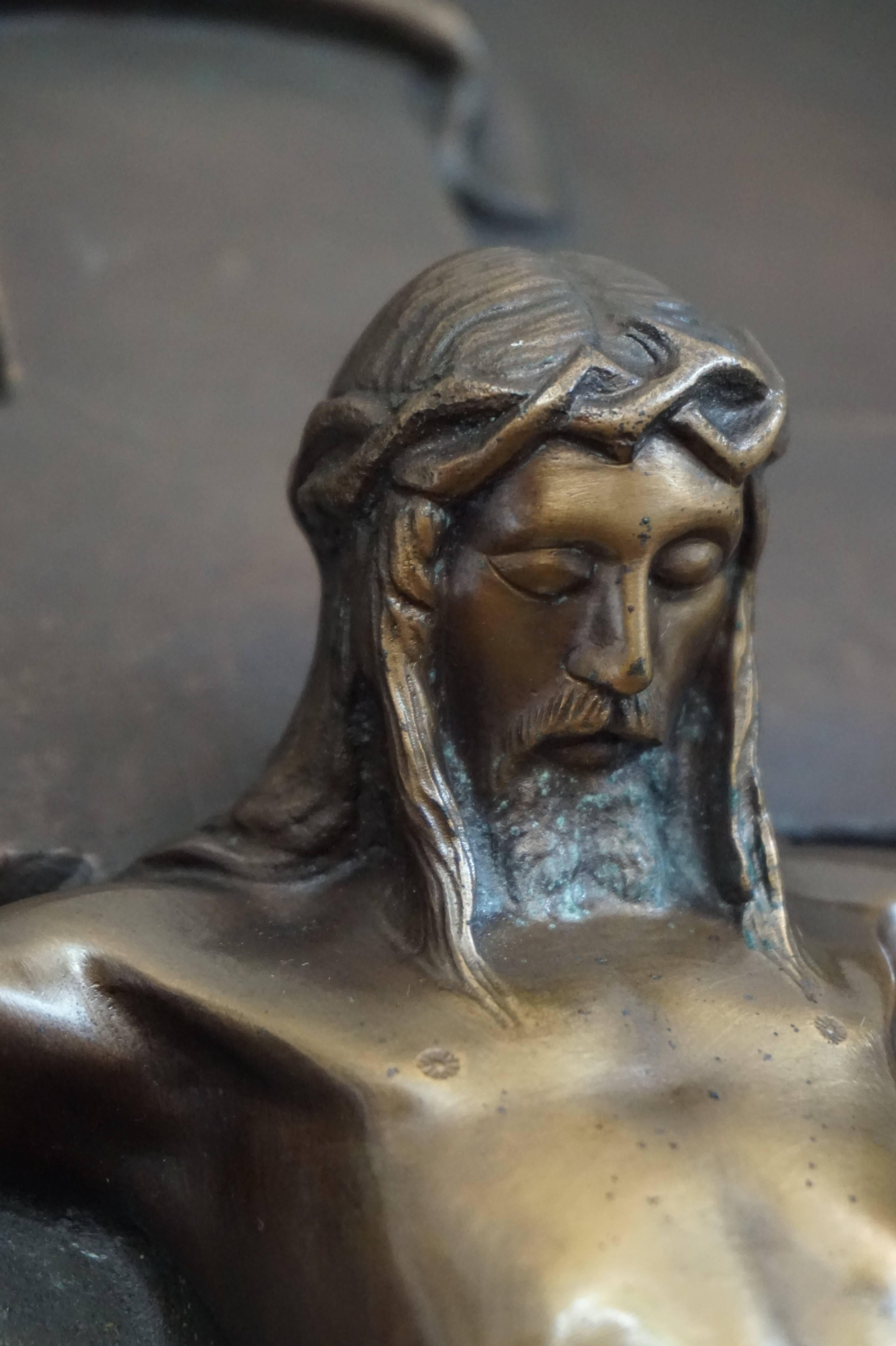 Stunning Early 20th Century Bronze Religious Church Plaque of Christ on Crucifix 4