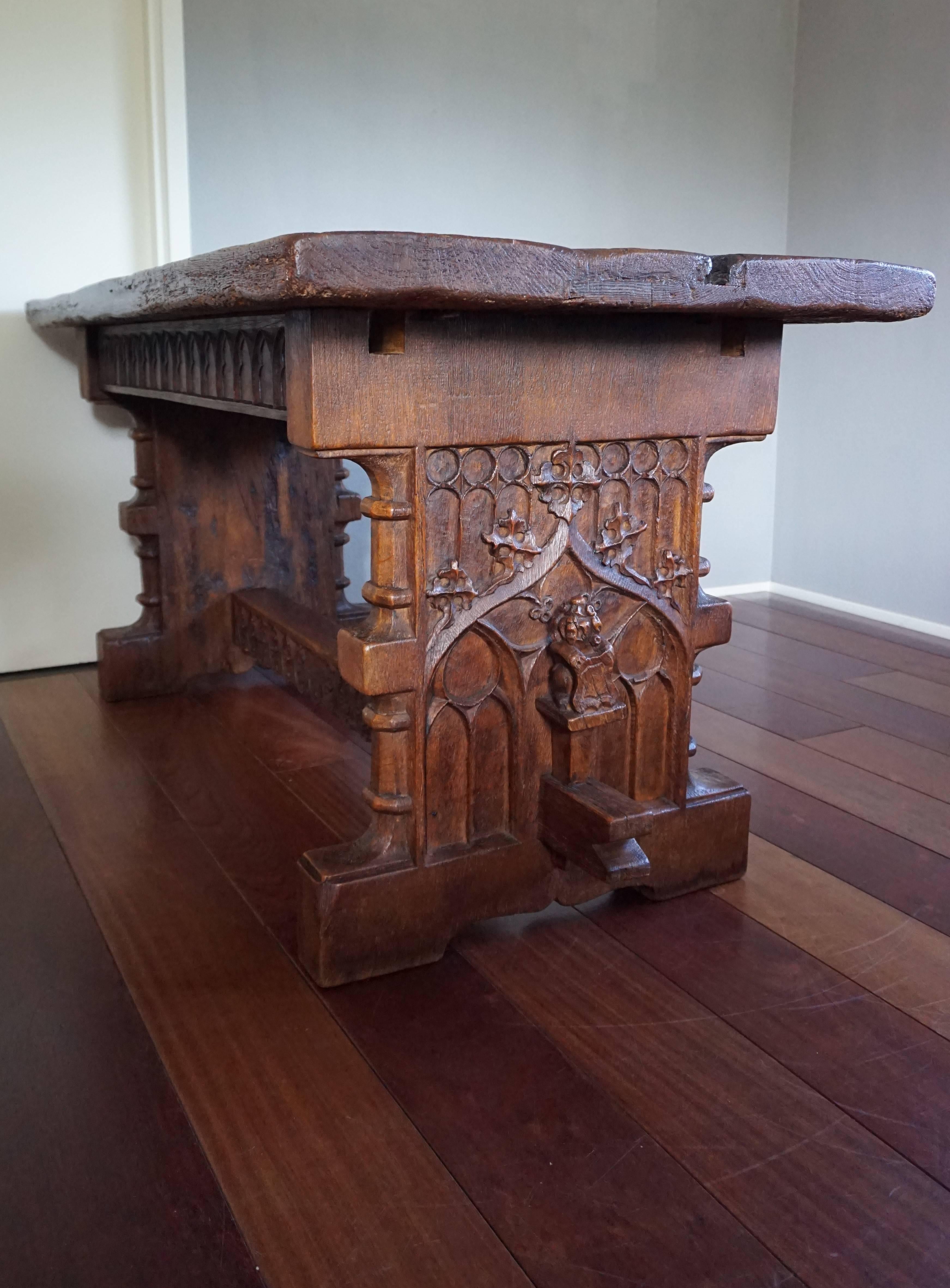 Oak Antique Hand-Carved Gothic Revival Refectory Table or Side Table
