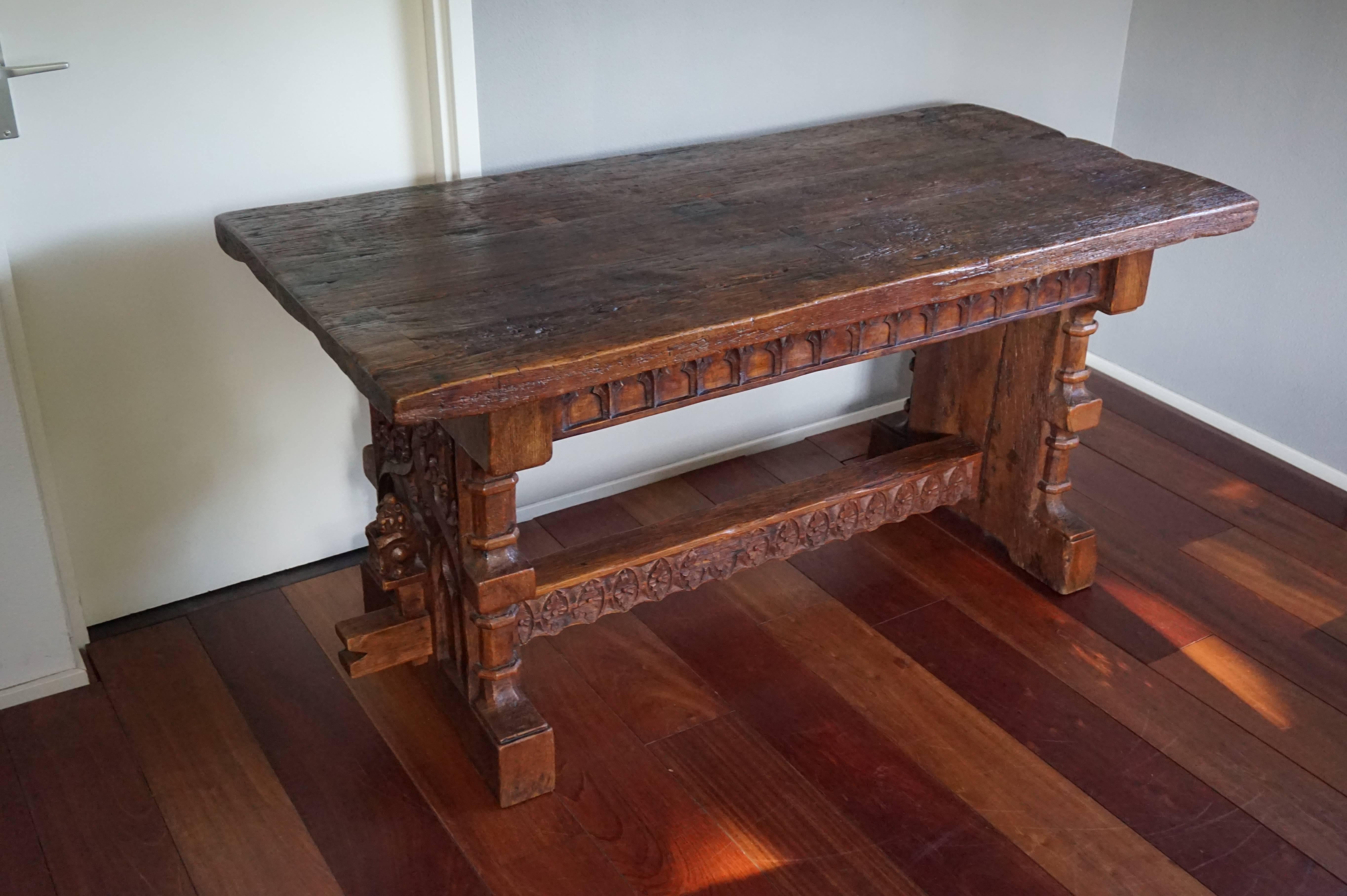 Antique Hand-Carved Gothic Revival Refectory Table or Side Table 2