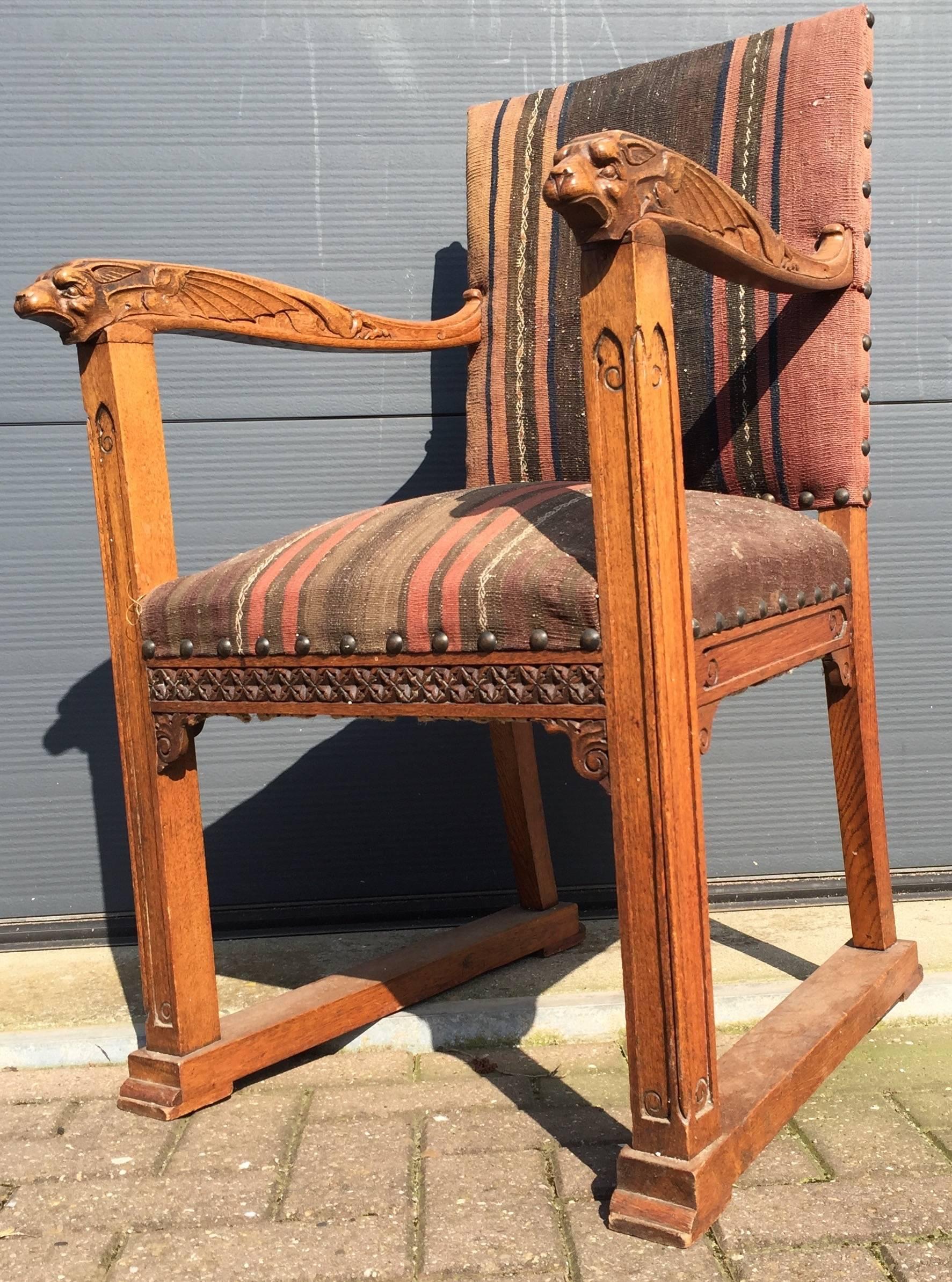 Fabric Rare Antique Gothic Revival Oak Armchair Chair with Demon Sculptures as Armrests