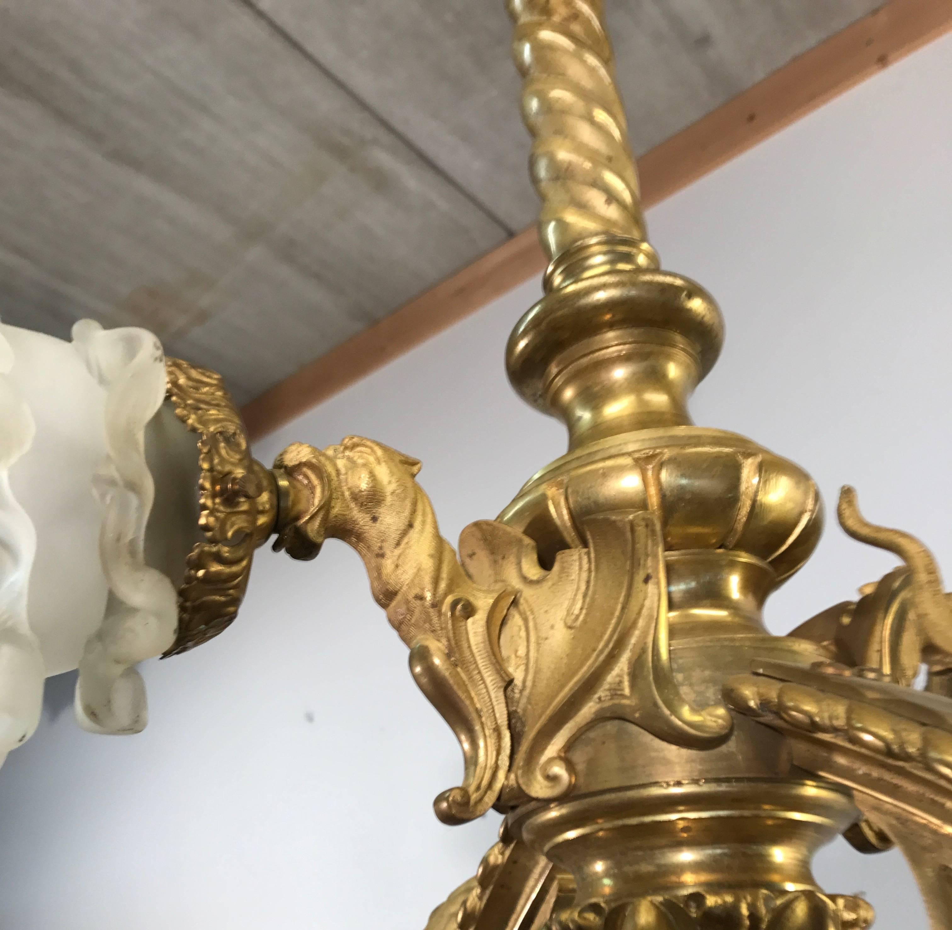 Antique Gothic Revival Fire Gilt Bronze Chandelier w Rare Mythological Creatures In Excellent Condition For Sale In Lisse, NL