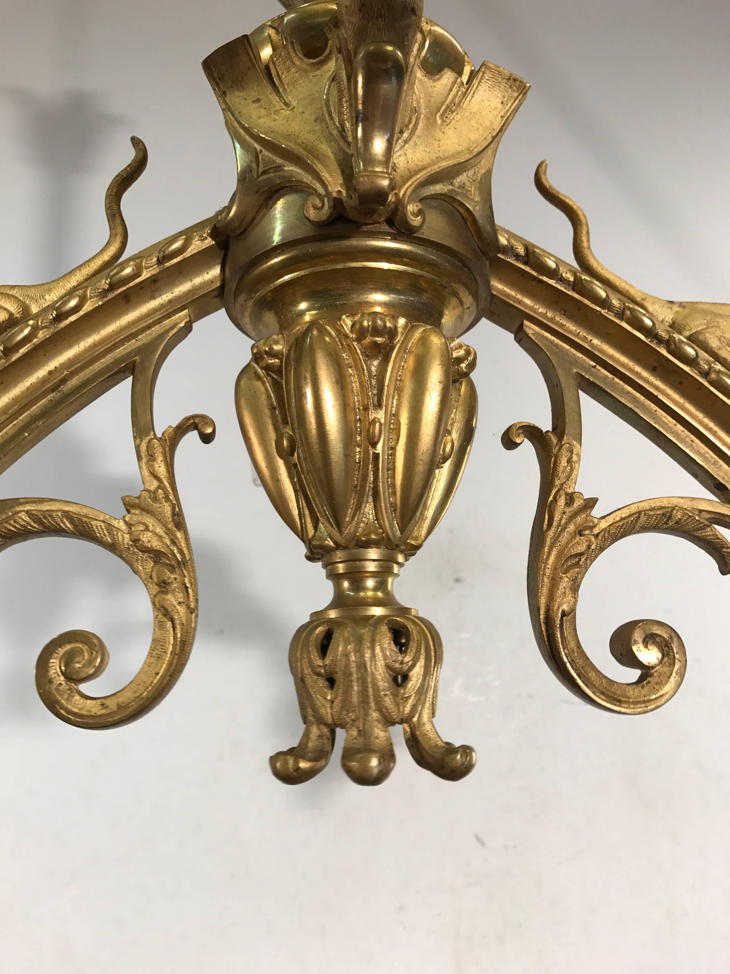 19th Century Antique Gothic Revival Fire Gilt Bronze Chandelier w Rare Mythological Creatures For Sale