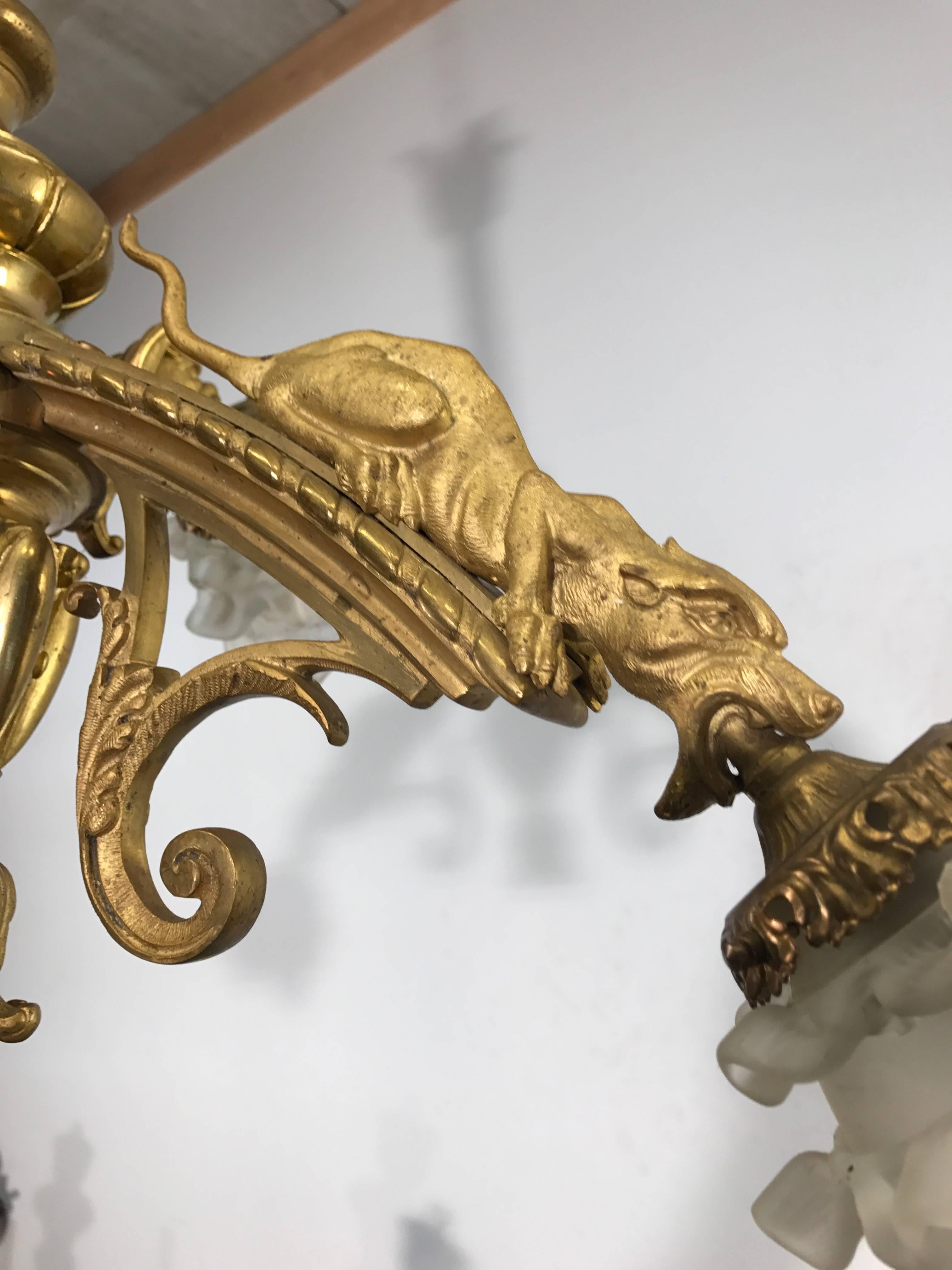 Antique Gothic Revival Fire Gilt Bronze Chandelier w Rare Mythological Creatures For Sale 2