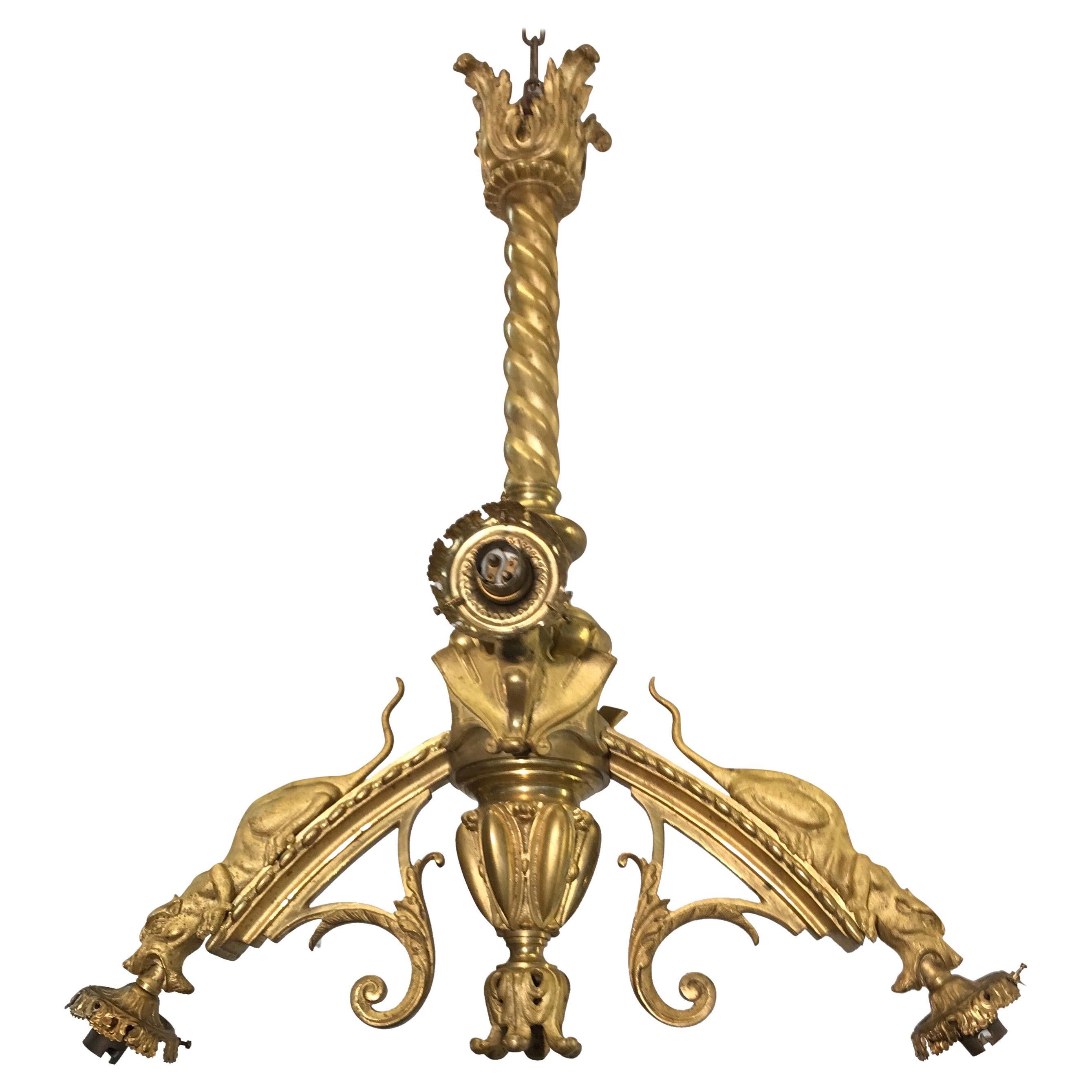Gothic Revival Fire Gilt Bronze Pendant Light w Rare Mythological Creatures