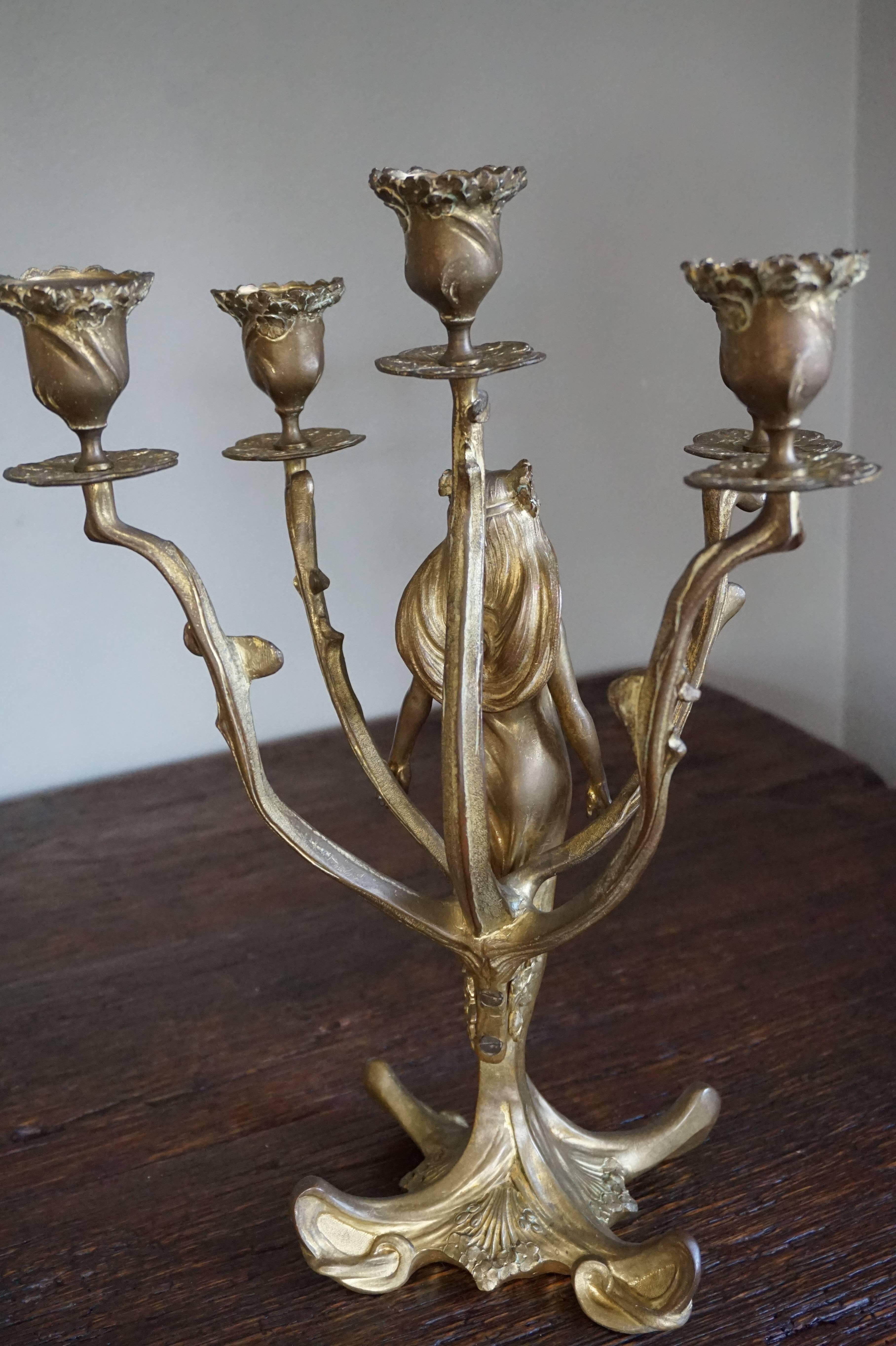 Art Nouveau Gilt Bronze Lady Sculpture Mantel Clock with 2 Matching Candelabras In Excellent Condition For Sale In Lisse, NL