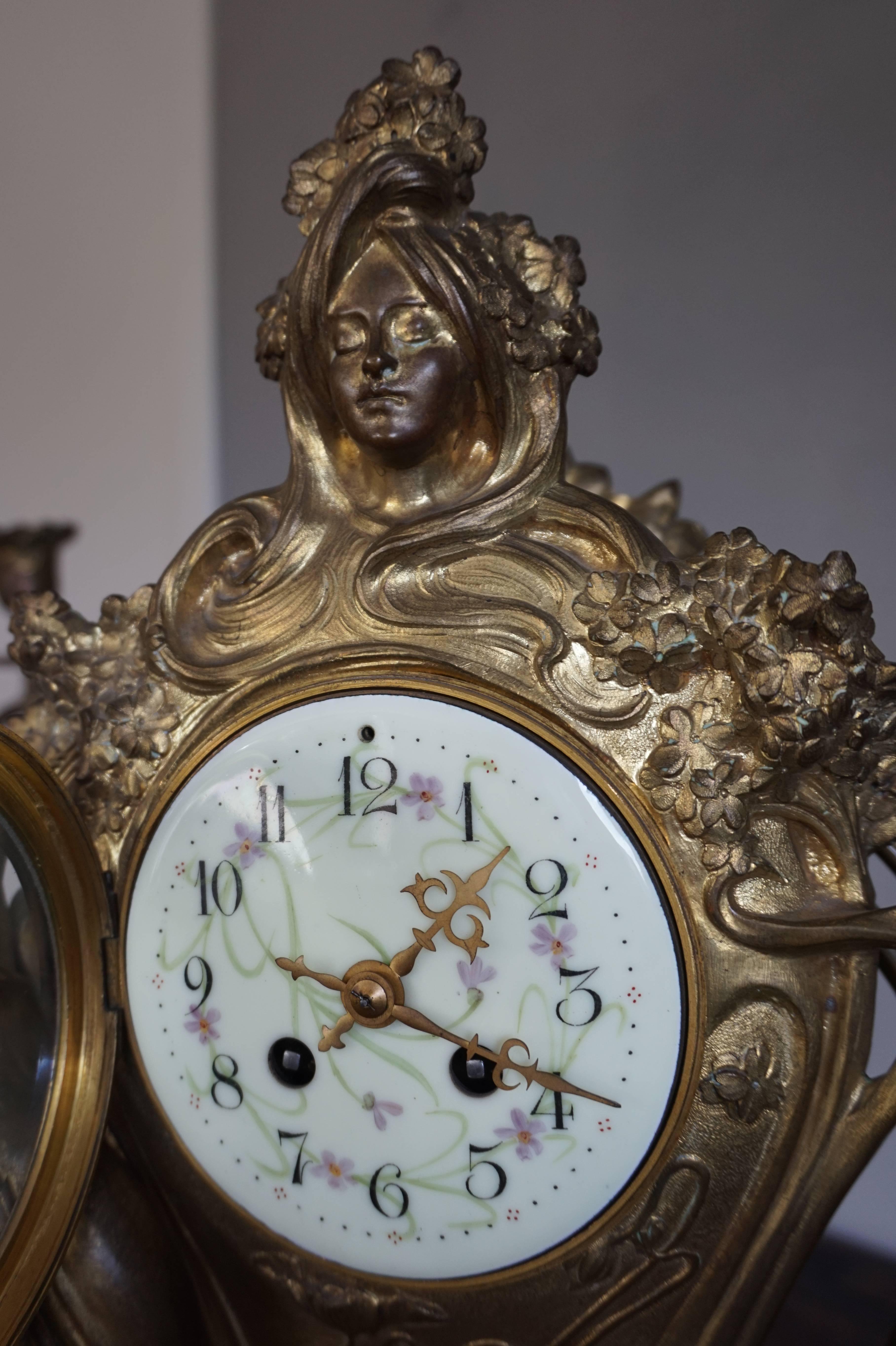 Art Nouveau Gilt Bronze Lady Sculpture Mantel Clock with 2 Matching Candelabras For Sale at