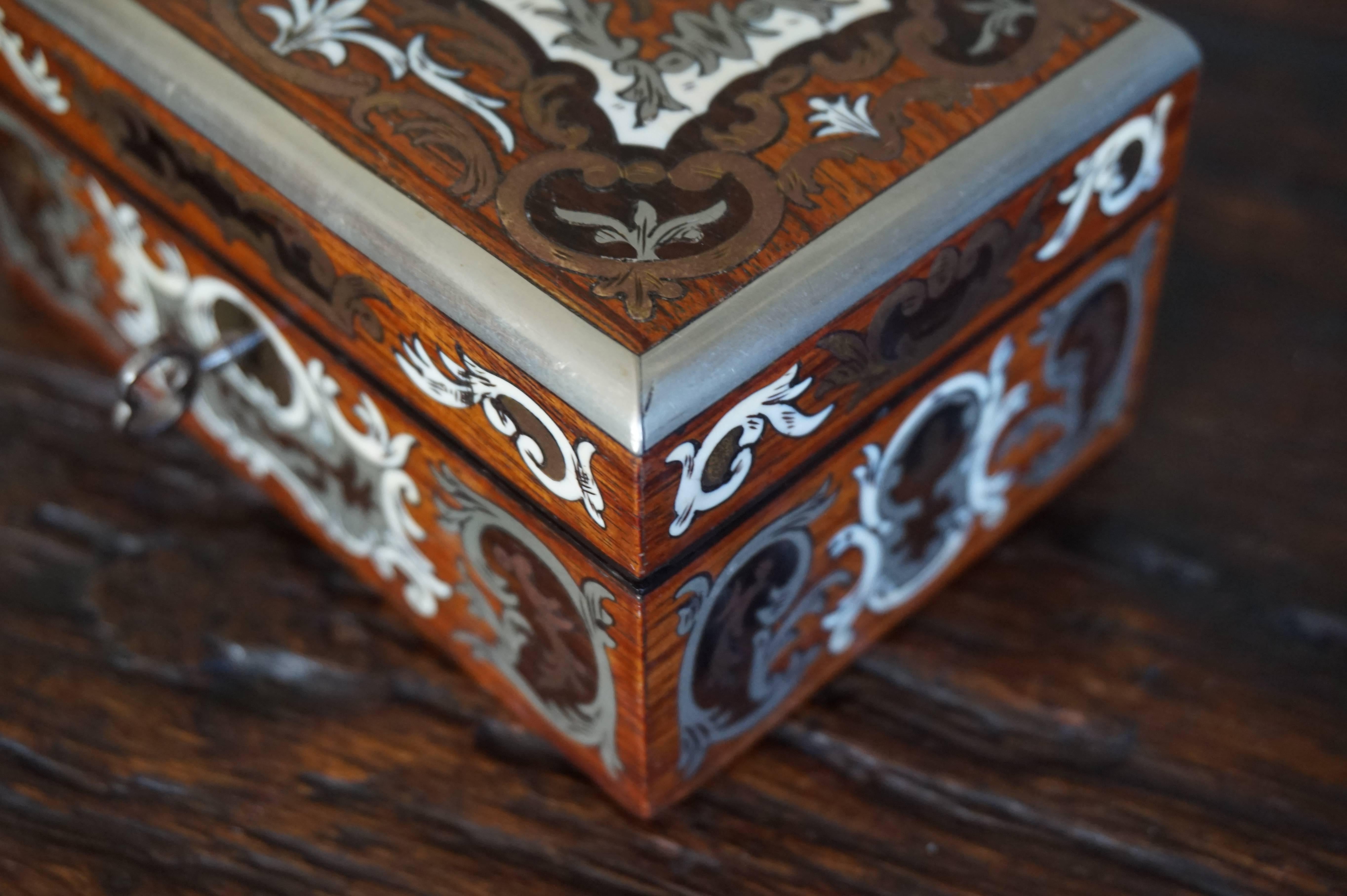 Inlay Stunning Antique Box Inlaid with Amazing Motifs in Silver, Bone, Mother-of-Pearl