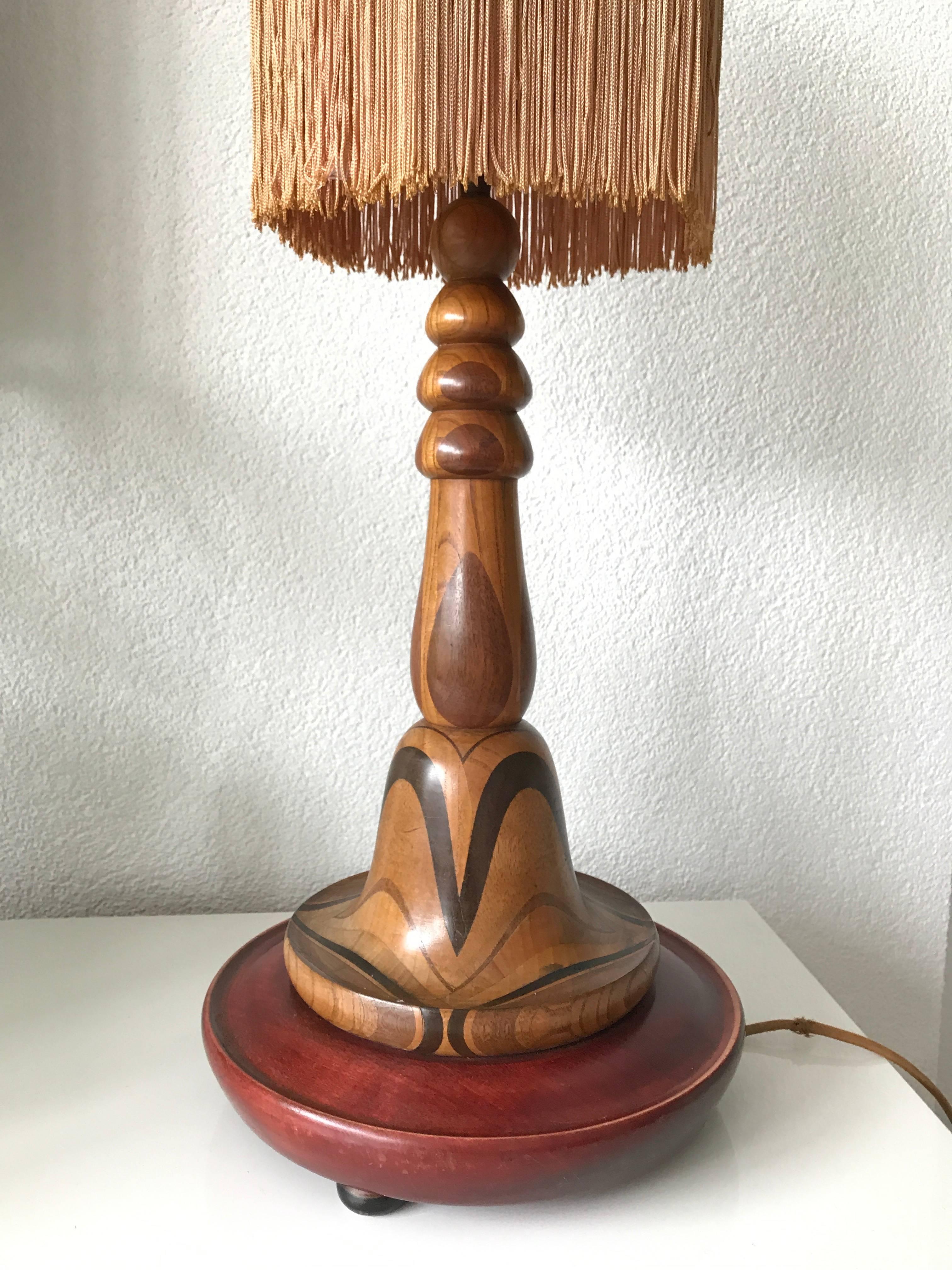 European Rare and Hand-Crafted Art Deco Desk or Table Lamp with Stunning Wood Motifs For Sale