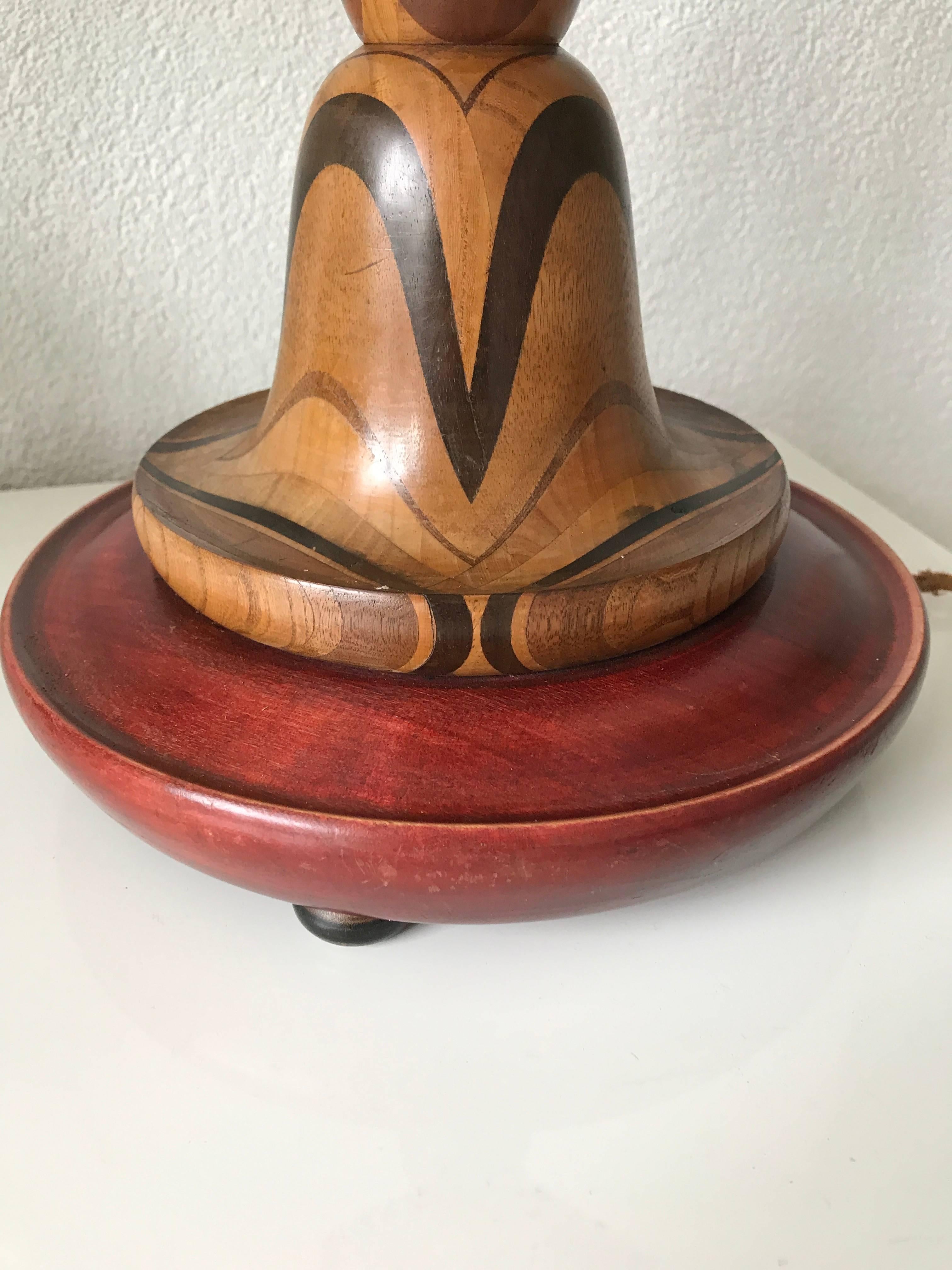 Hide Rare and Hand-Crafted Art Deco Desk or Table Lamp with Stunning Wood Motifs For Sale