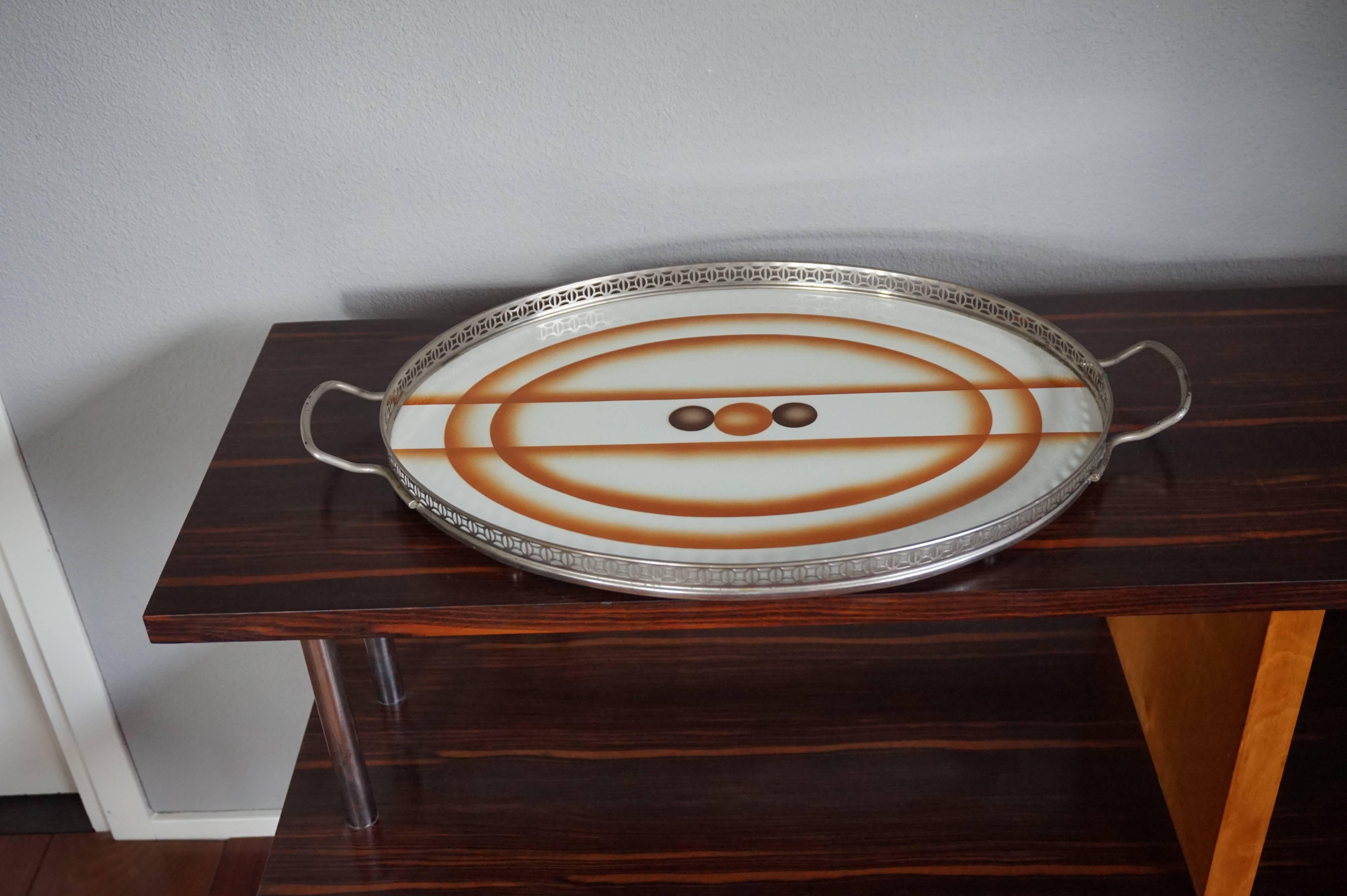 Hand-Crafted Early 20th Century Oval Art Deco Single Tile Serving Tray with Geometrical Motif