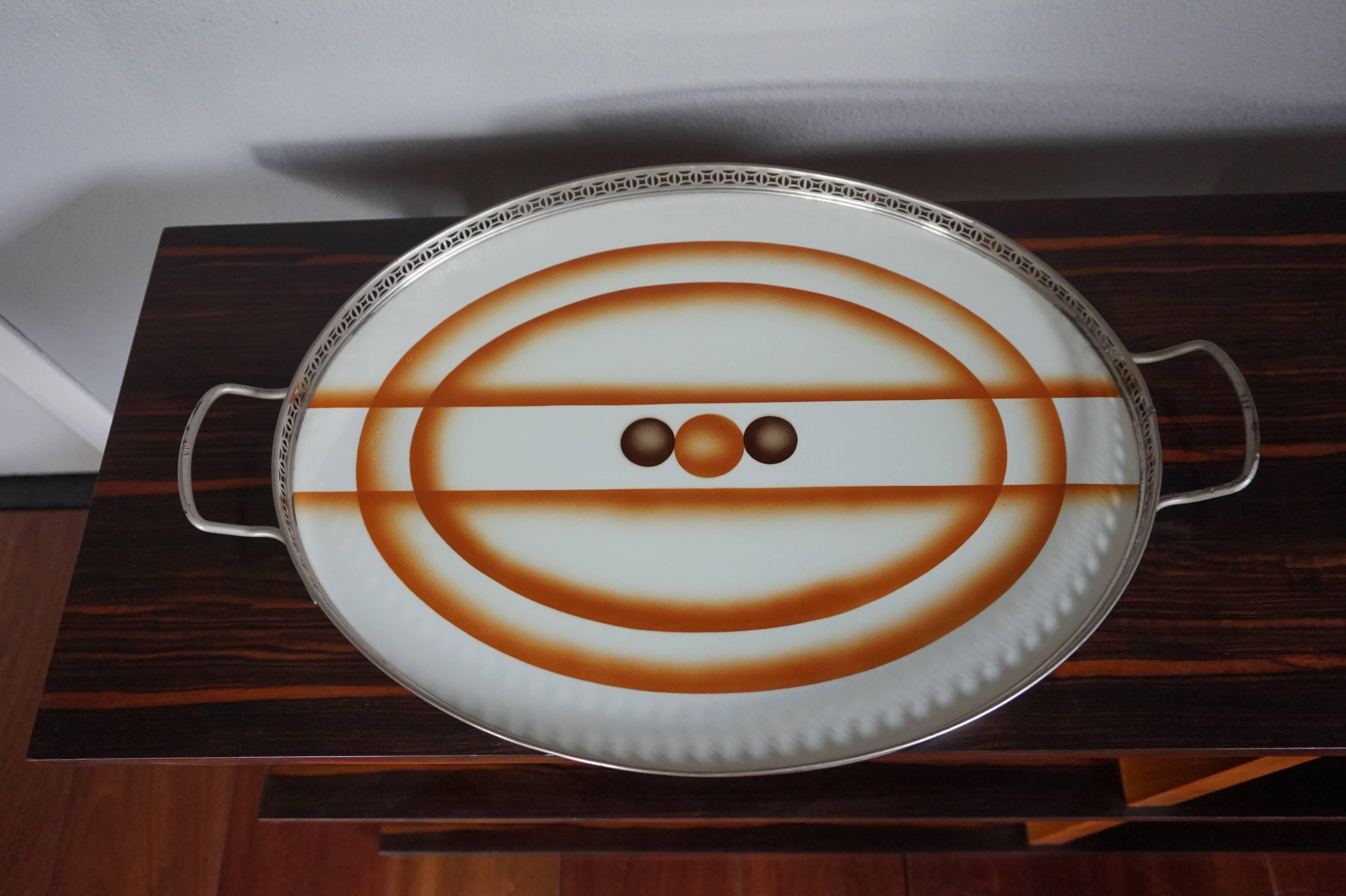 Early 20th Century Oval Art Deco Single Tile Serving Tray with Geometrical Motif 4