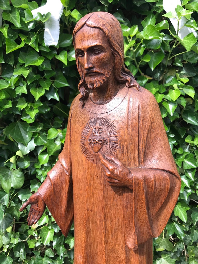 Antique Carved Oak Sacred Heart Statue Wooden Christ Sculpture For Sale