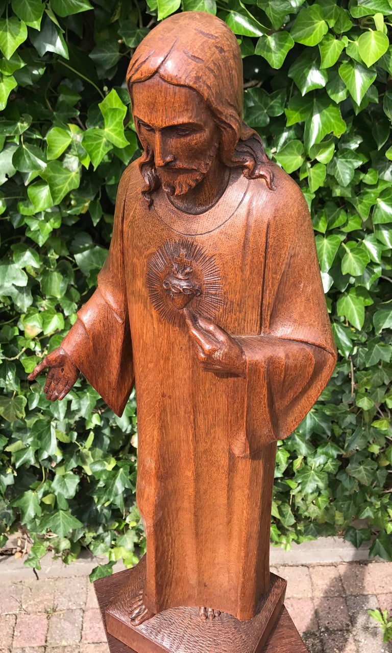 Antique Carved Oak Sacred Heart Statue Wooden Christ Sculpture For Sale