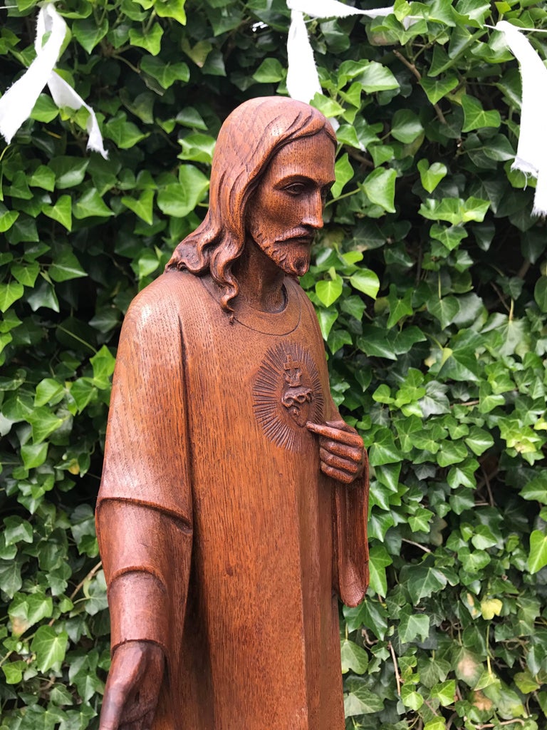 Antique Carved Oak Sacred Heart Statue Wooden Christ Sculpture For Sale