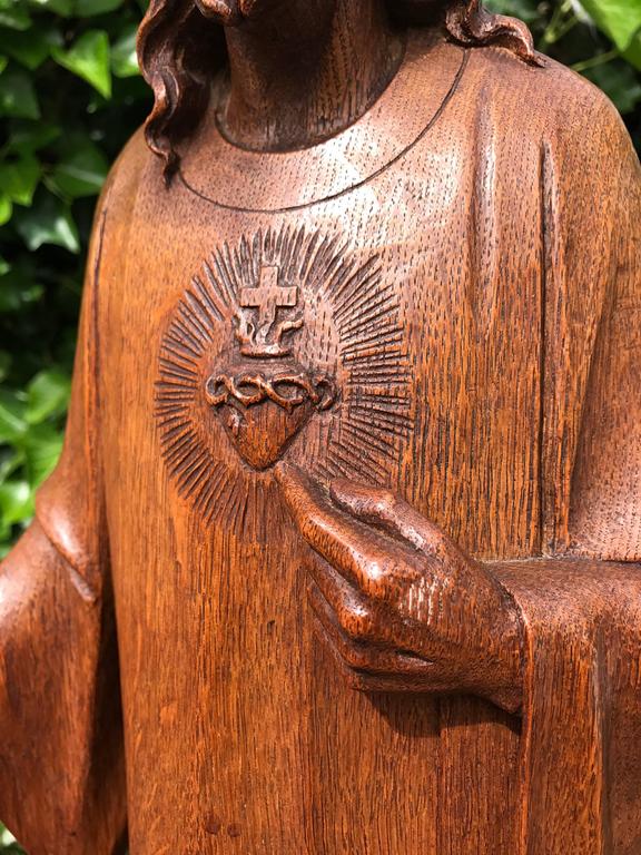 Antique Carved Oak Sacred Heart Statue Wooden Christ Sculpture For Sale