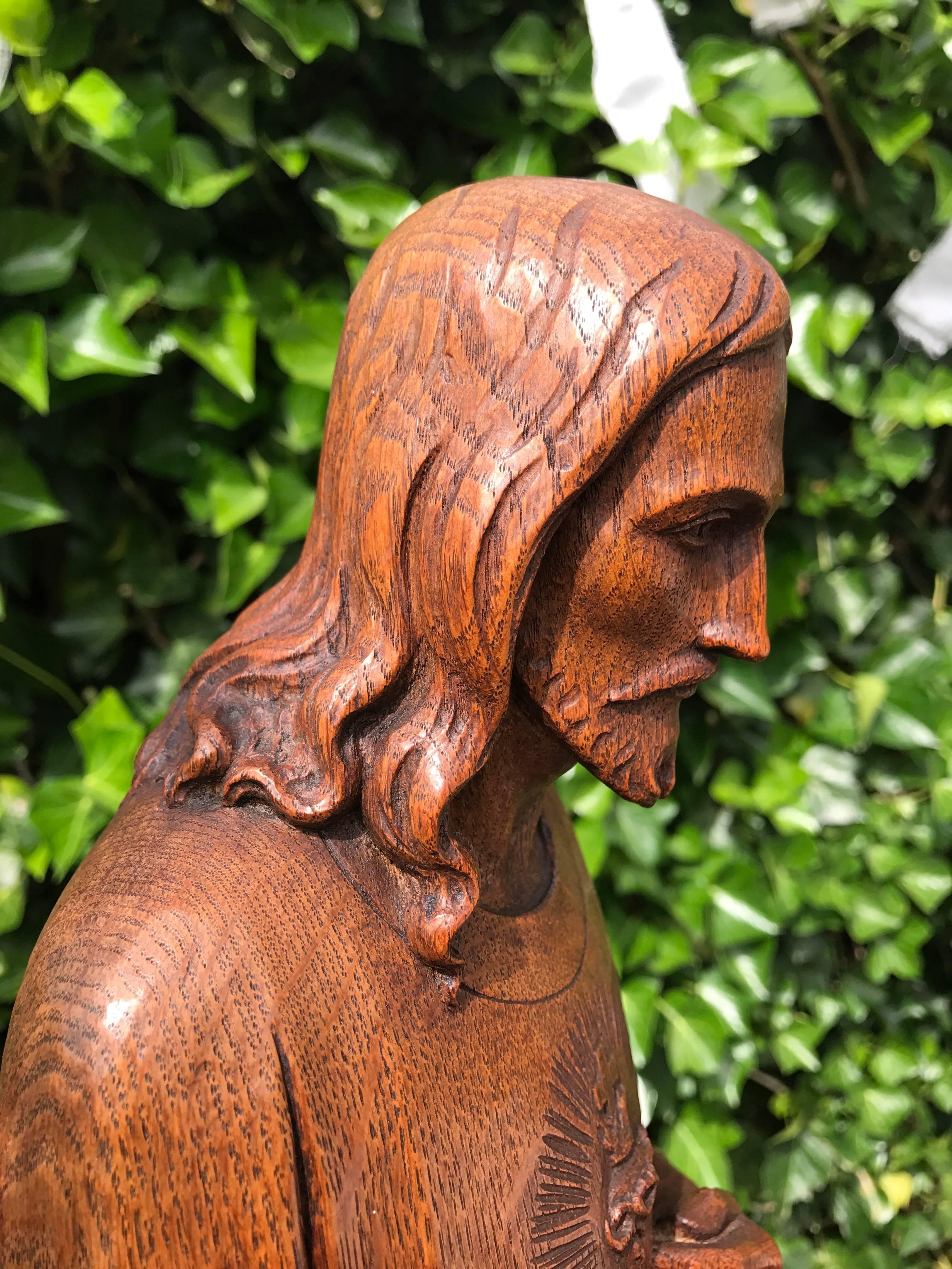 European Antique Carved Oak Sacred Heart Statue Wooden Christ Sculpture