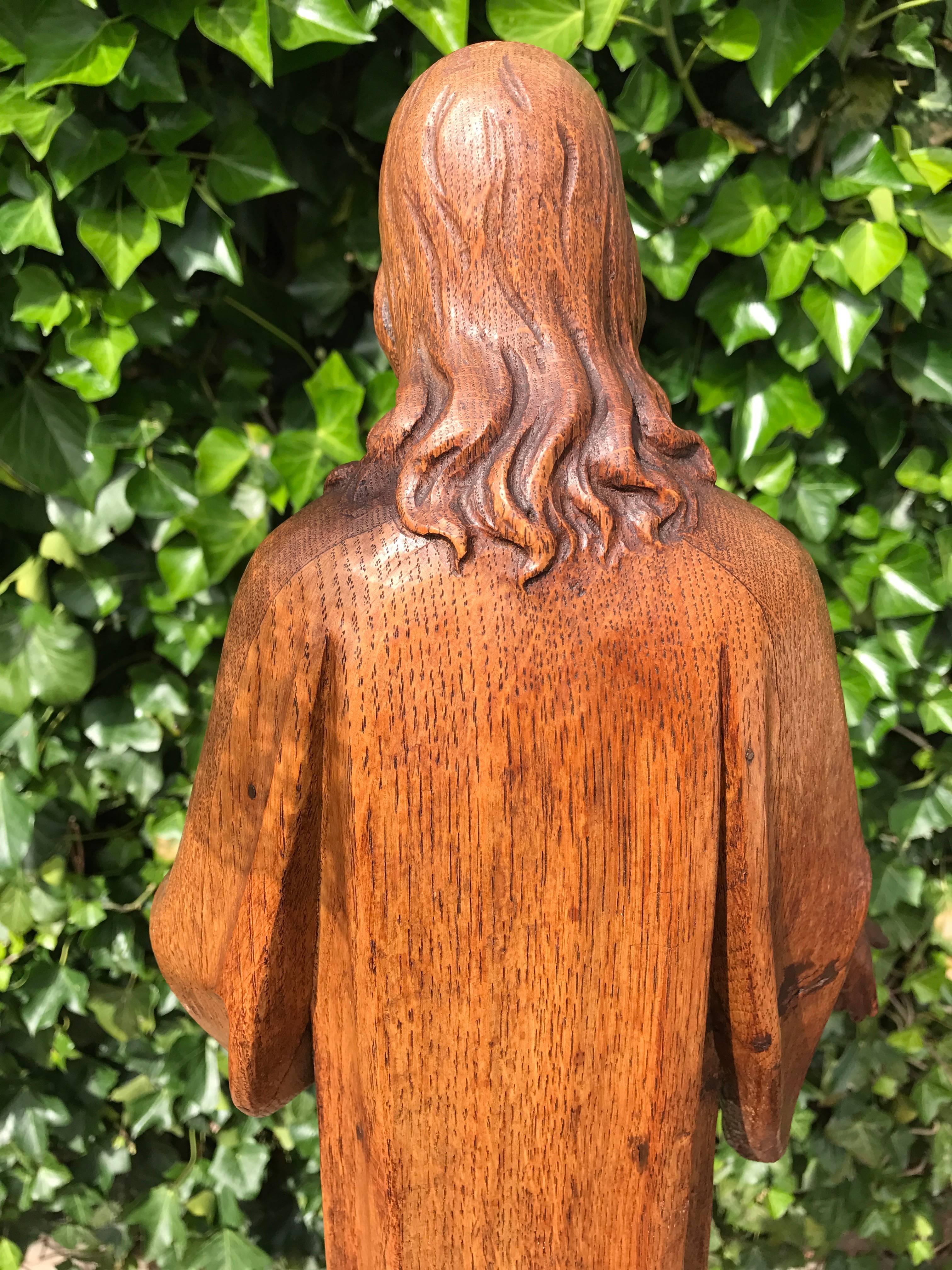 Hand-Carved Antique Carved Oak Sacred Heart Statue Wooden Christ Sculpture