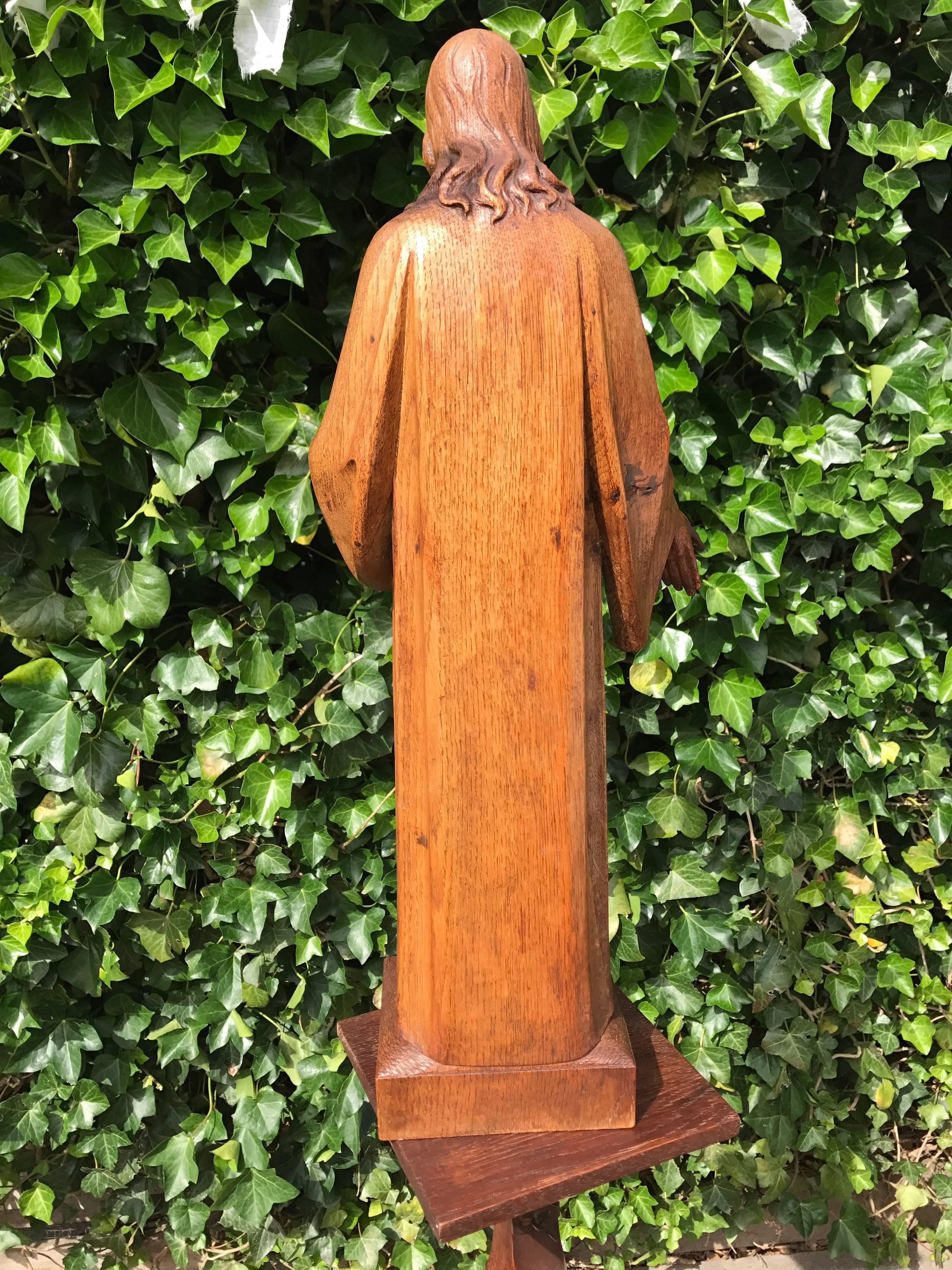 Antique Carved Oak Sacred Heart Statue Wooden Christ Sculpture In Excellent Condition In Lisse, NL