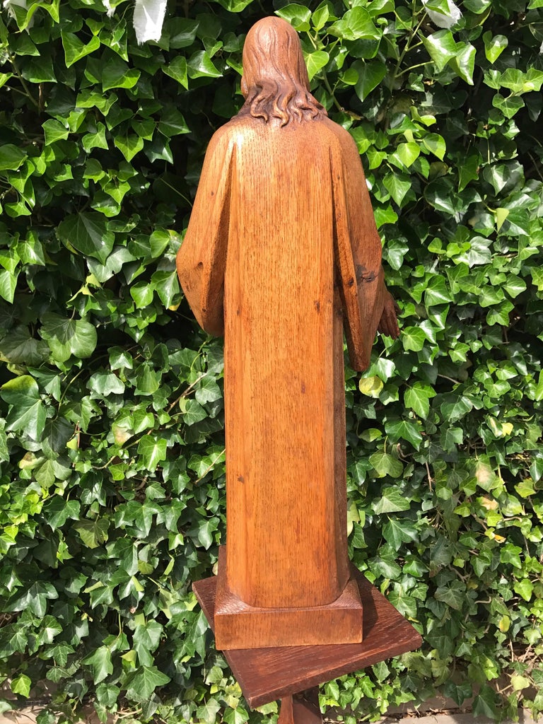 Antique Carved Oak Sacred Heart Statue Wooden Christ Sculpture For Sale
