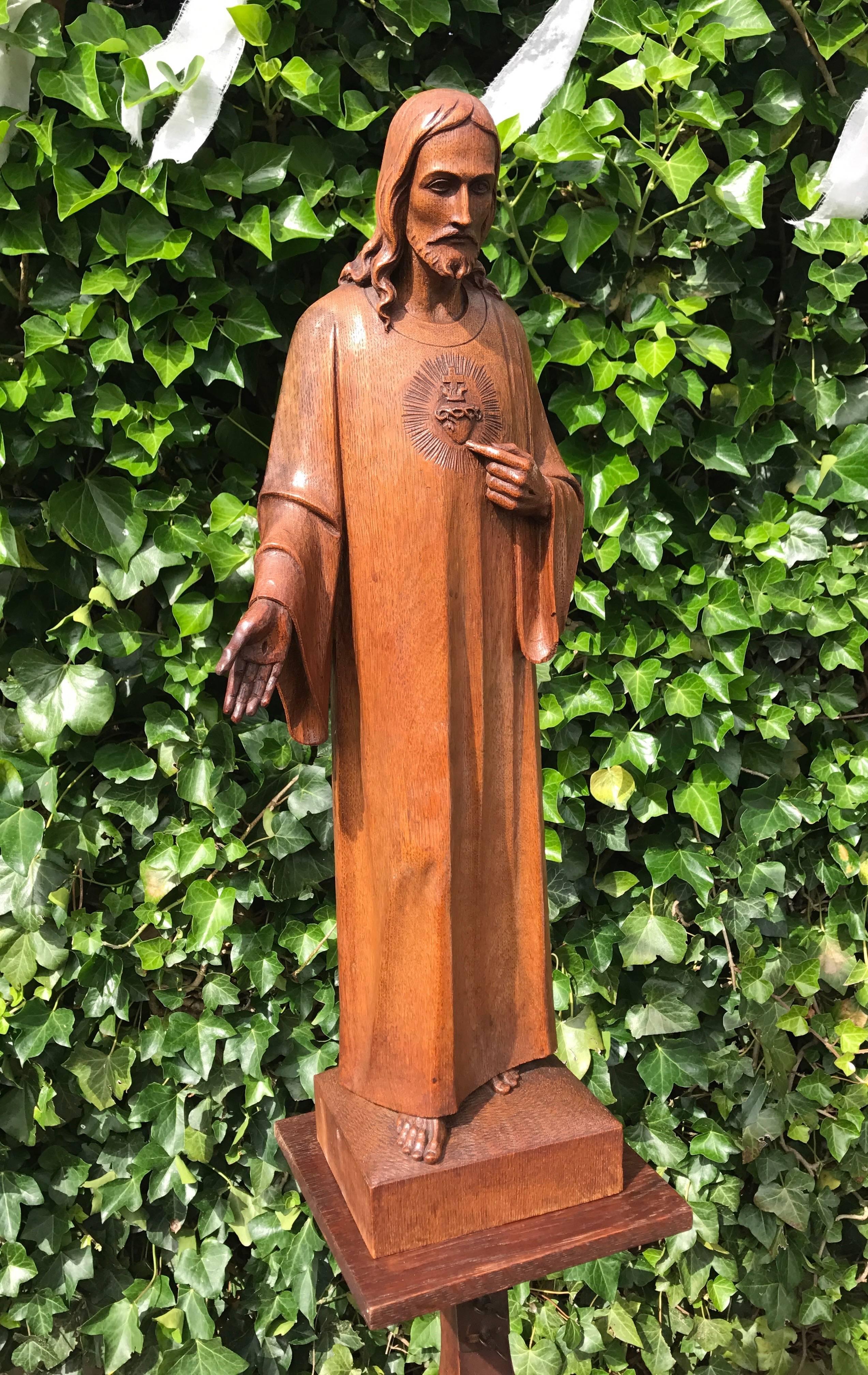 Antique Carved Oak Sacred Heart Statue Wooden Christ Sculpture 1