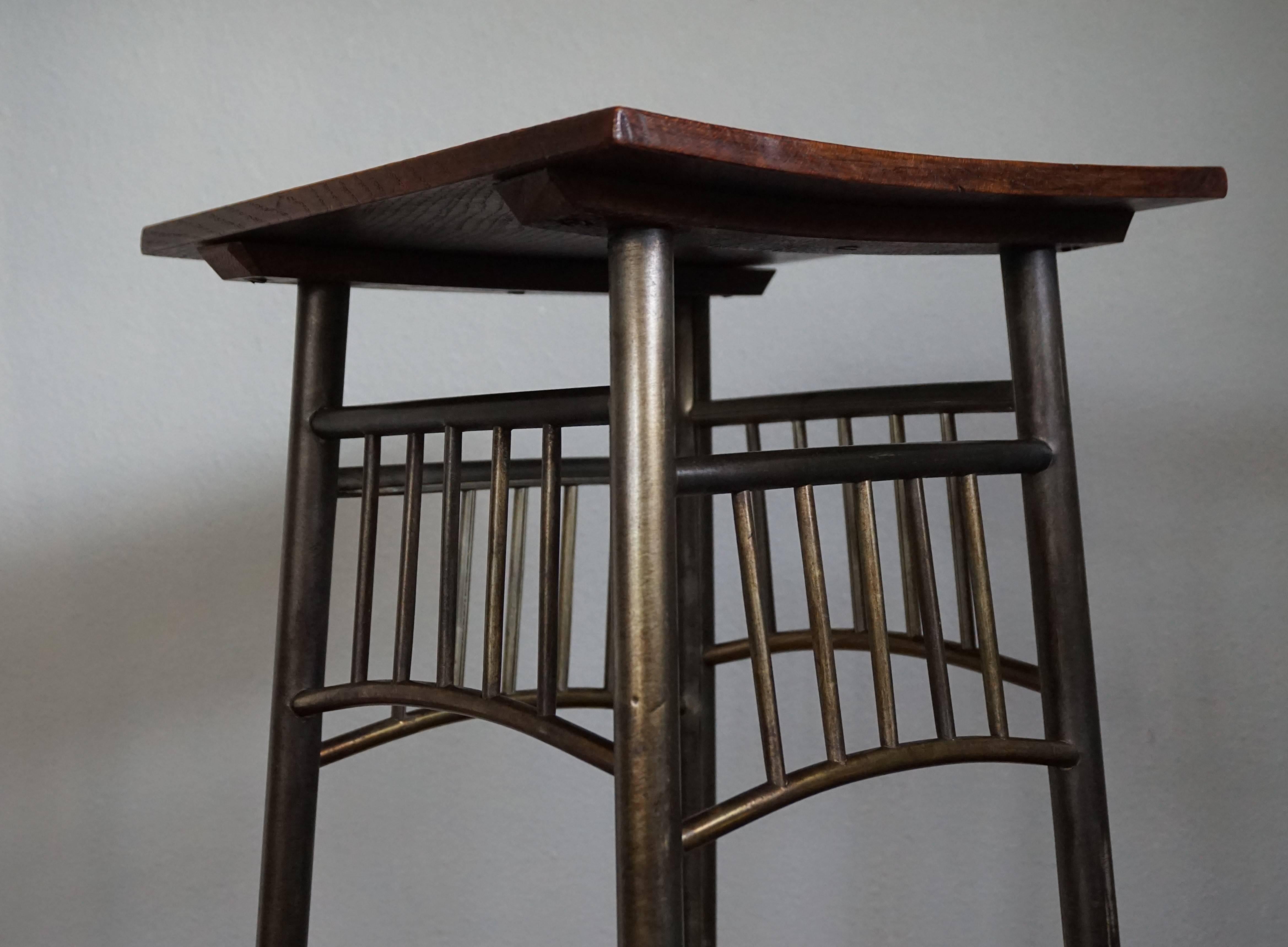 Hand-Crafted Viennese Secession Brass Plant Stand with Solid Oak Top Kolomon Moser Style For Sale