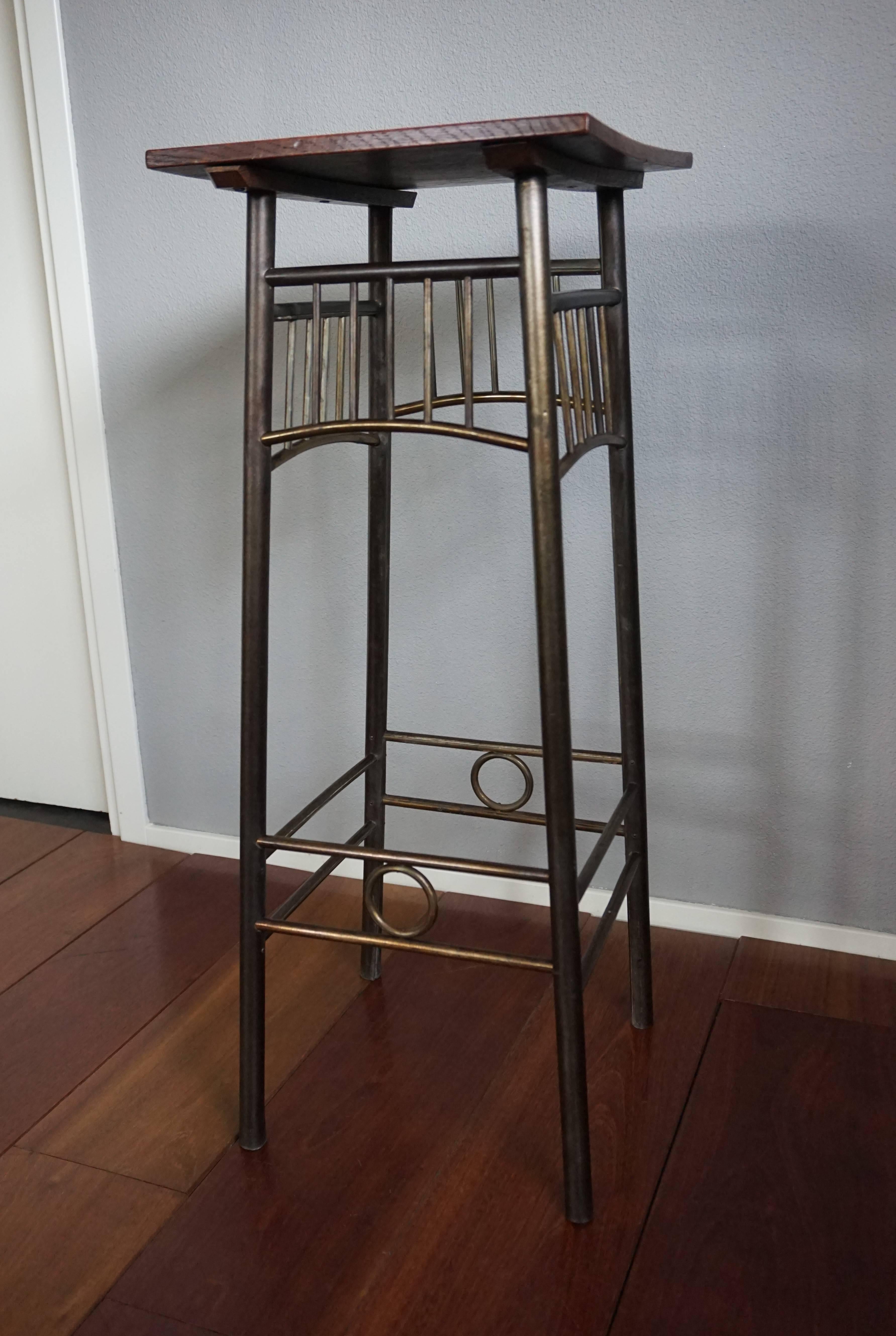 Viennese Secession Brass Plant Stand with Solid Oak Top Kolomon Moser Style For Sale 1