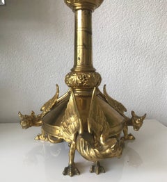 Impressive Gothic Revival Sizable Antique French Gilt Bronze Chimera Candlestick