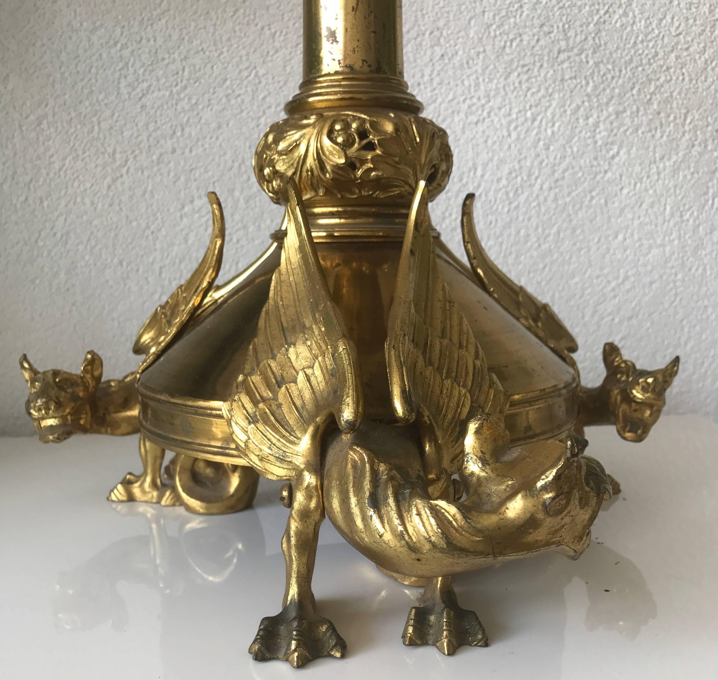 Impressive Gothic Revival Sizable Antique French Gilt Bronze Chimera Candlestick In Excellent Condition For Sale In Lisse, NL
