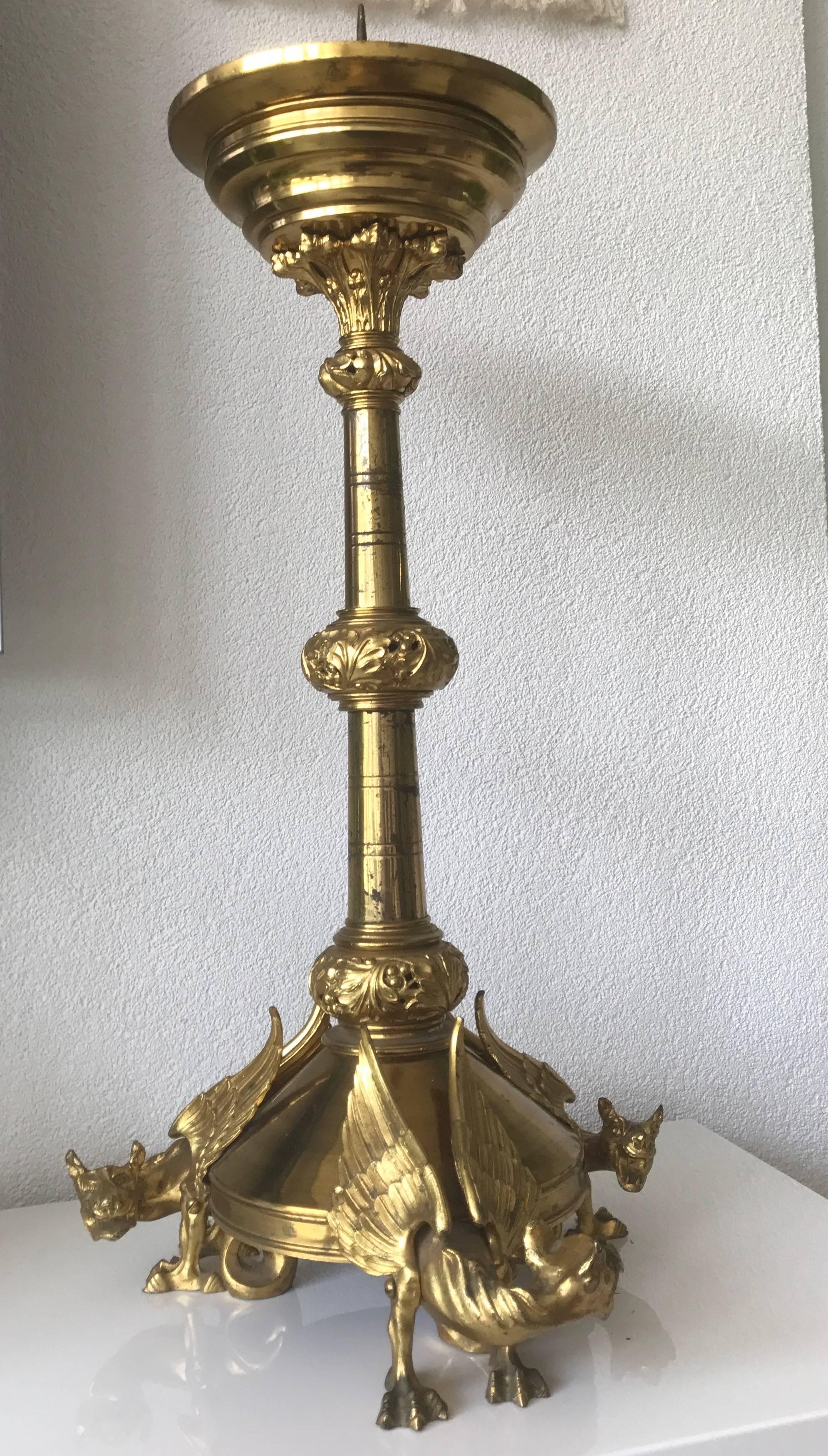 Brass Impressive Gothic Revival Sizable Antique French Gilt Bronze Chimera Candlestick For Sale