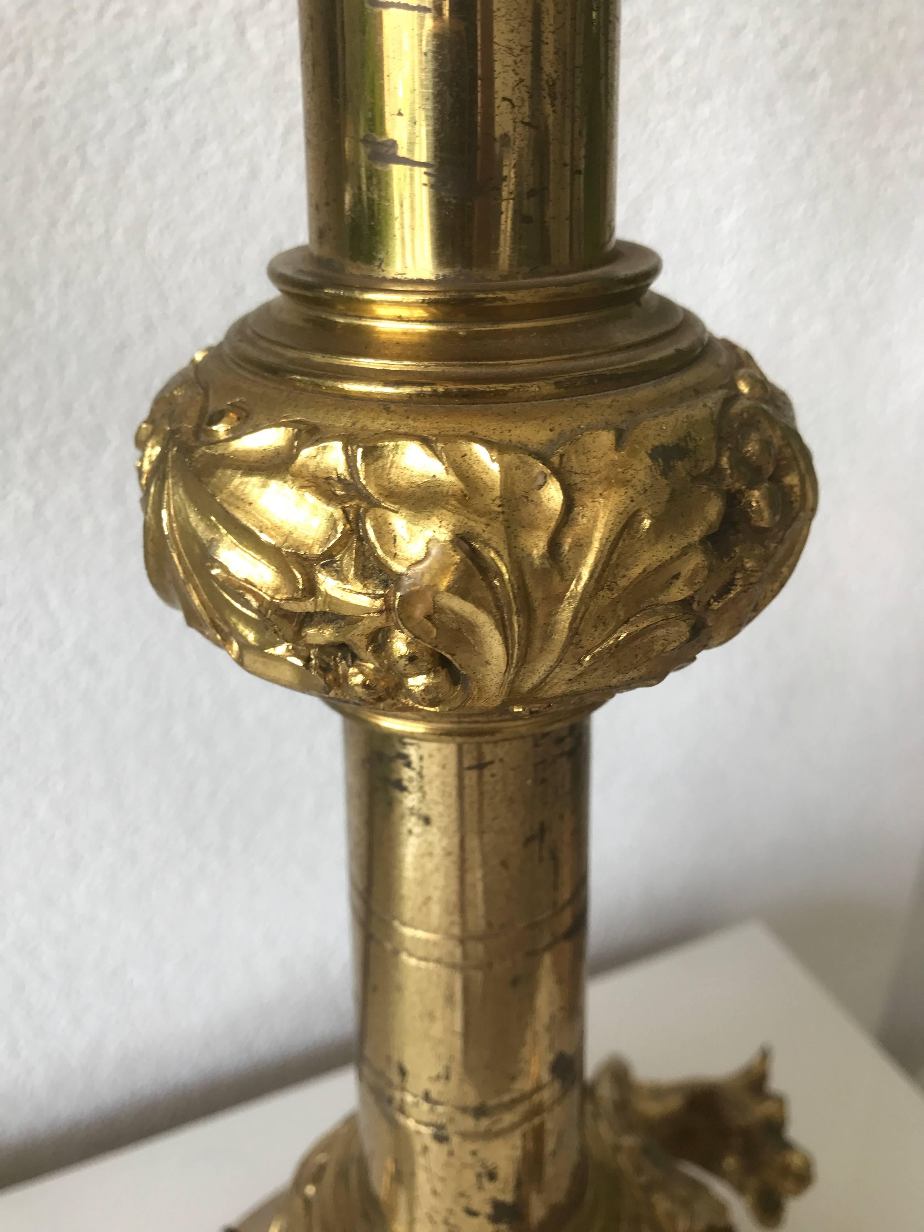Impressive Gothic Revival Sizable Antique French Gilt Bronze Chimera Candlestick For Sale 2