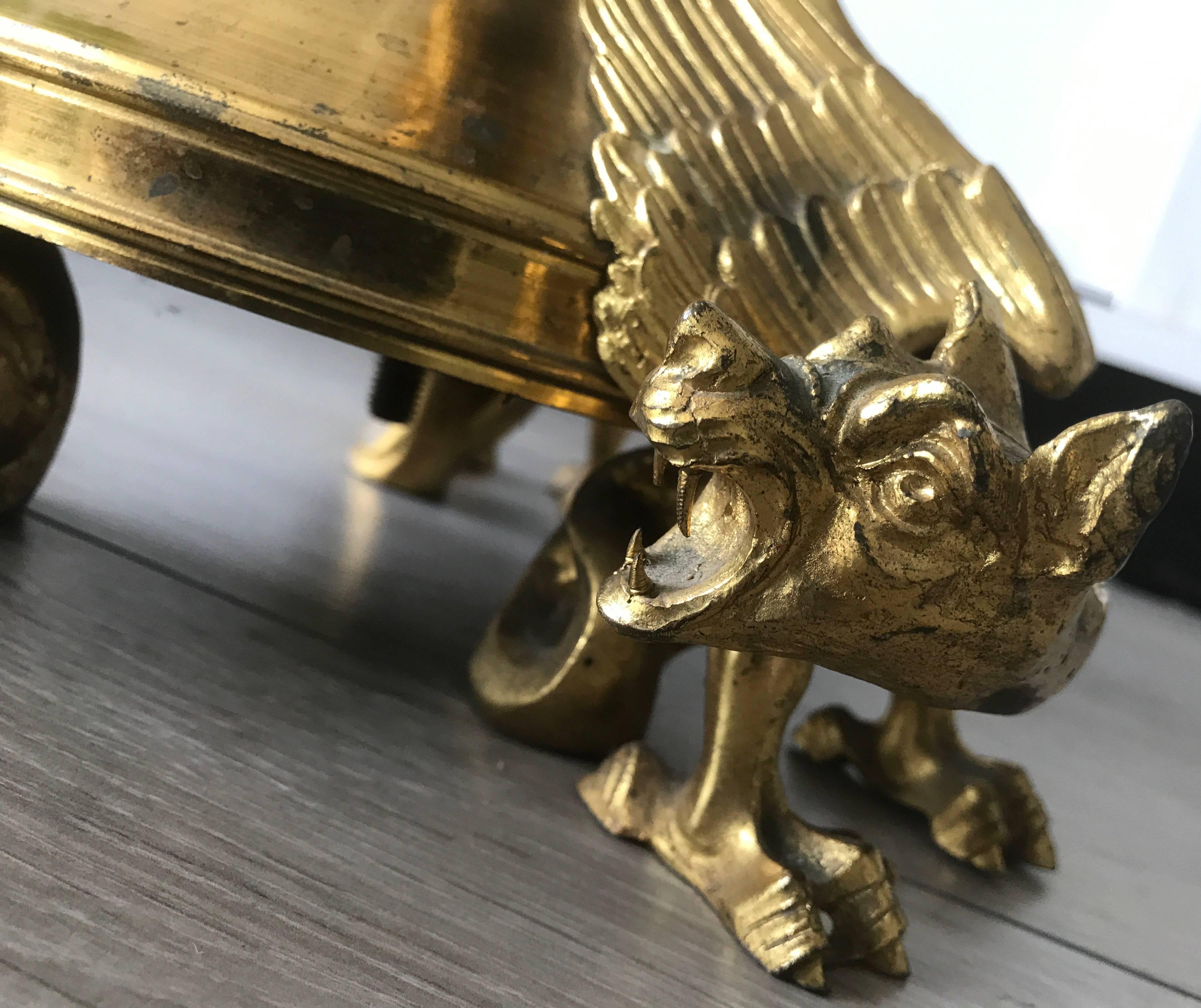 Impressive Gothic Revival Sizable Antique French Gilt Bronze Chimera Candlestick For Sale 3