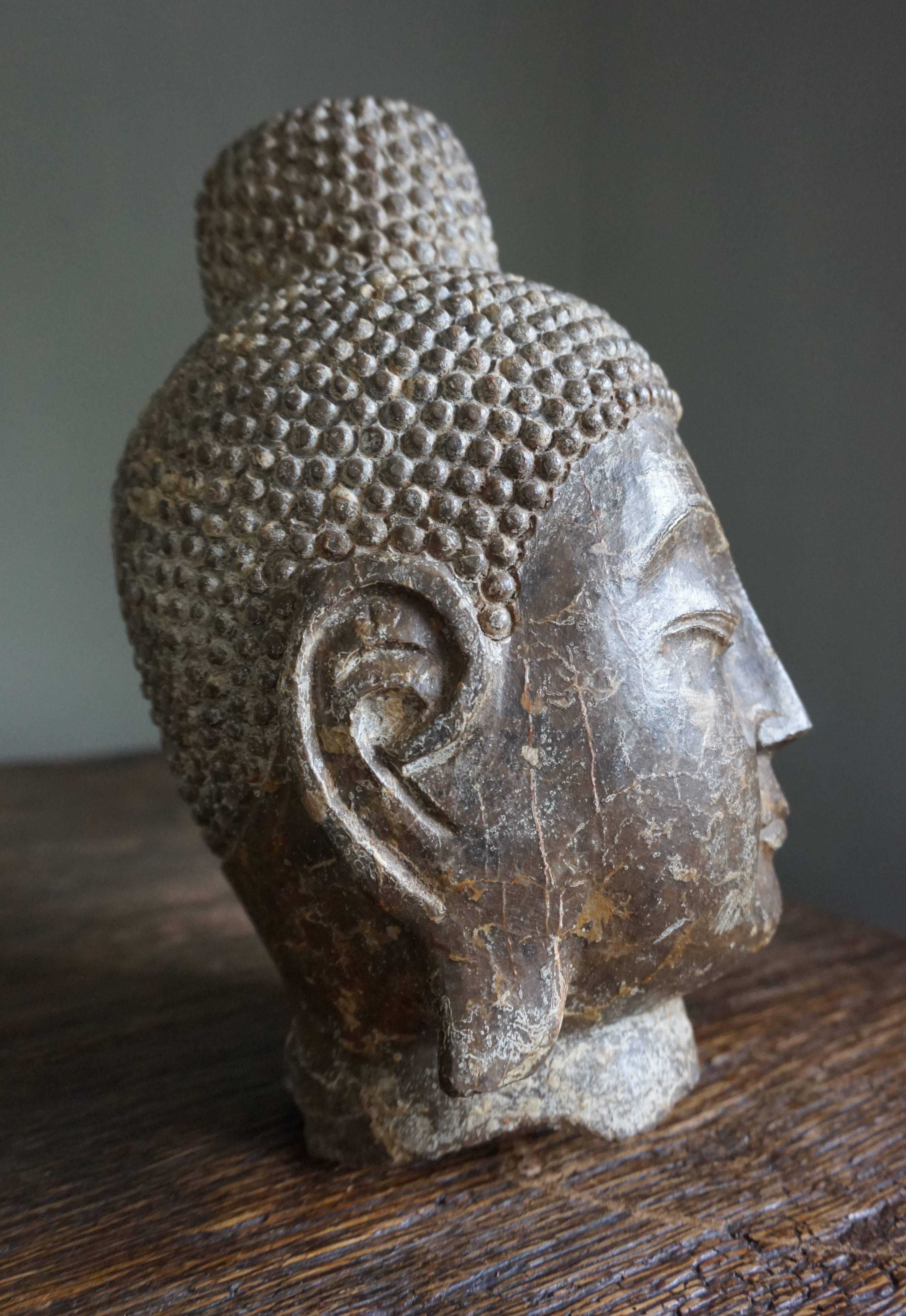 Rare Hand-Carved Chinese Tang Dynasty Style Marble Buddha Head Sculpture In Excellent Condition In Lisse, NL