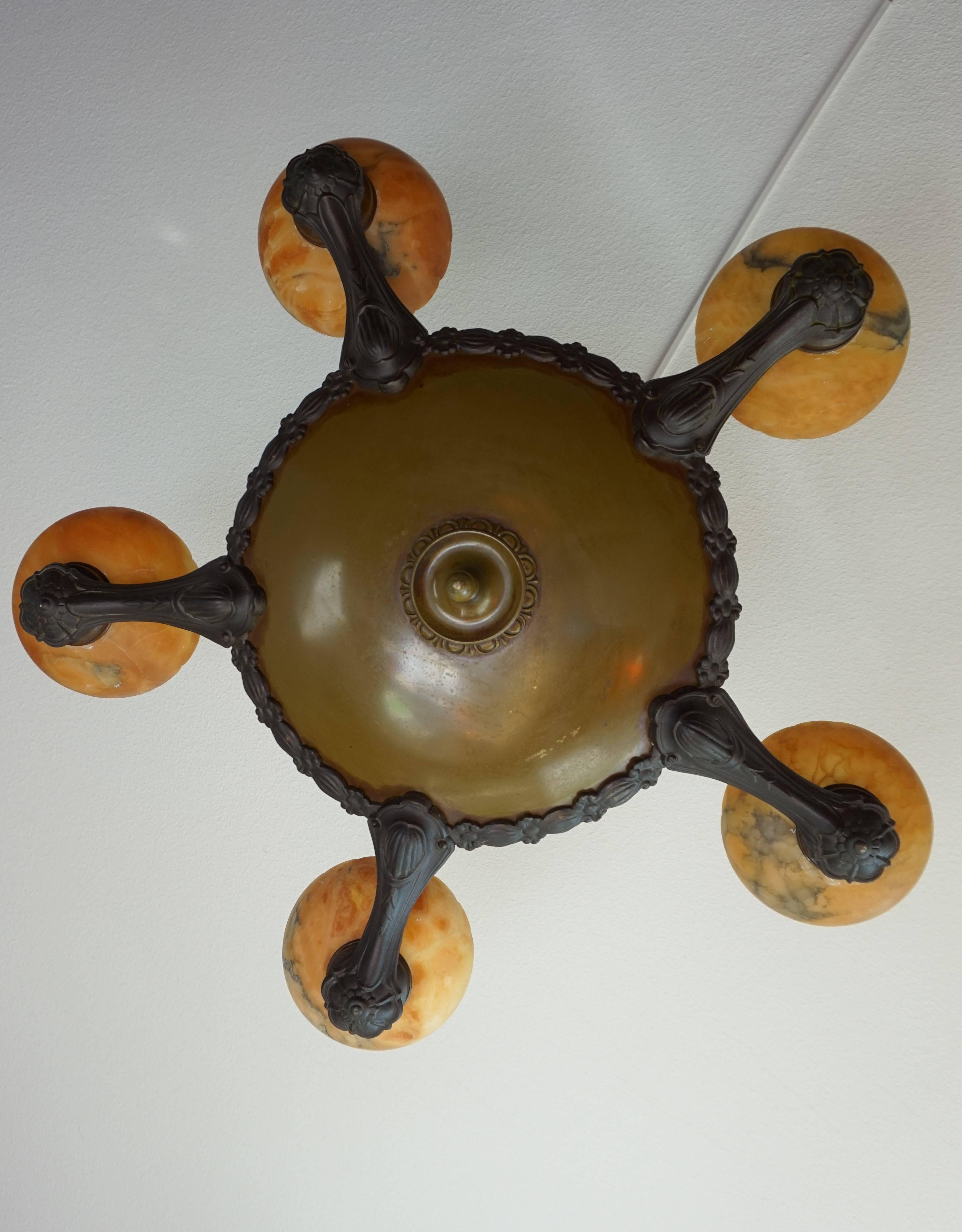 Olive Green Patinated Brass Art Deco Pendant with Alabaster 'Lava' Shades 3