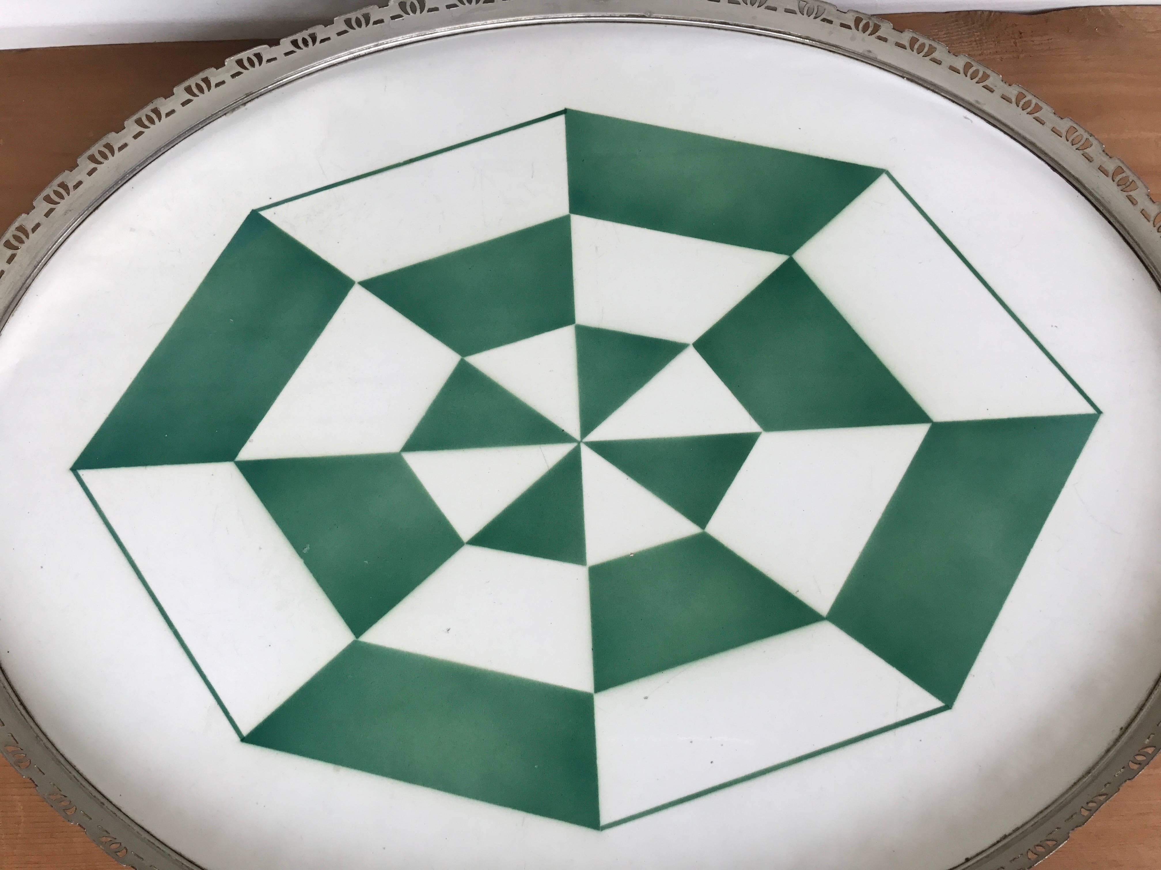 European Rare Geometrical Design Art Deco Mint Tile Serving Tray 1920s with Makers Marks