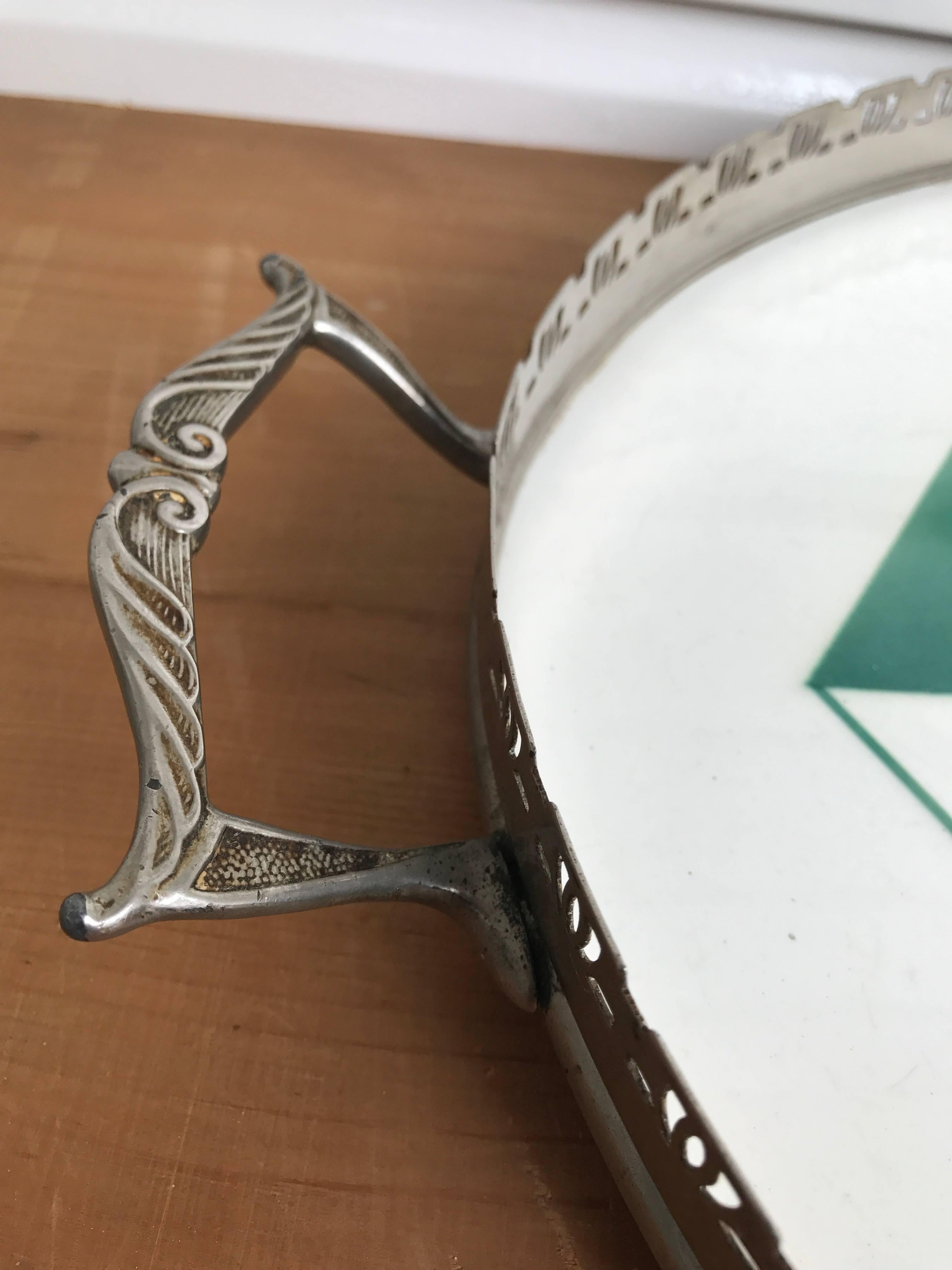 Hand-Crafted Rare Geometrical Design Art Deco Mint Tile Serving Tray 1920s with Makers Marks