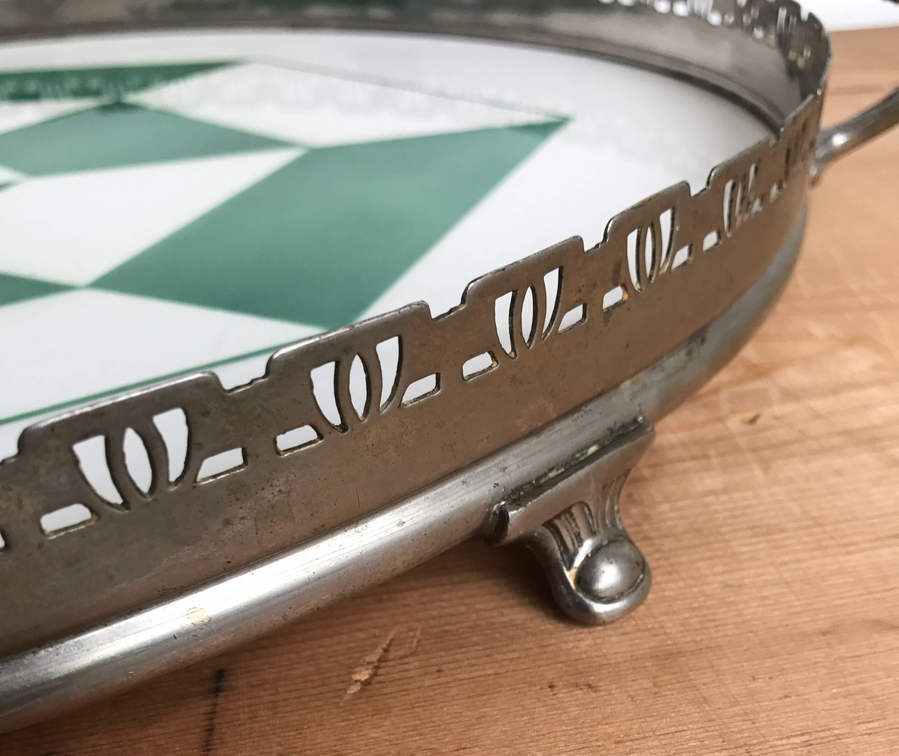 Metal Rare Geometrical Design Art Deco Mint Tile Serving Tray 1920s with Makers Marks