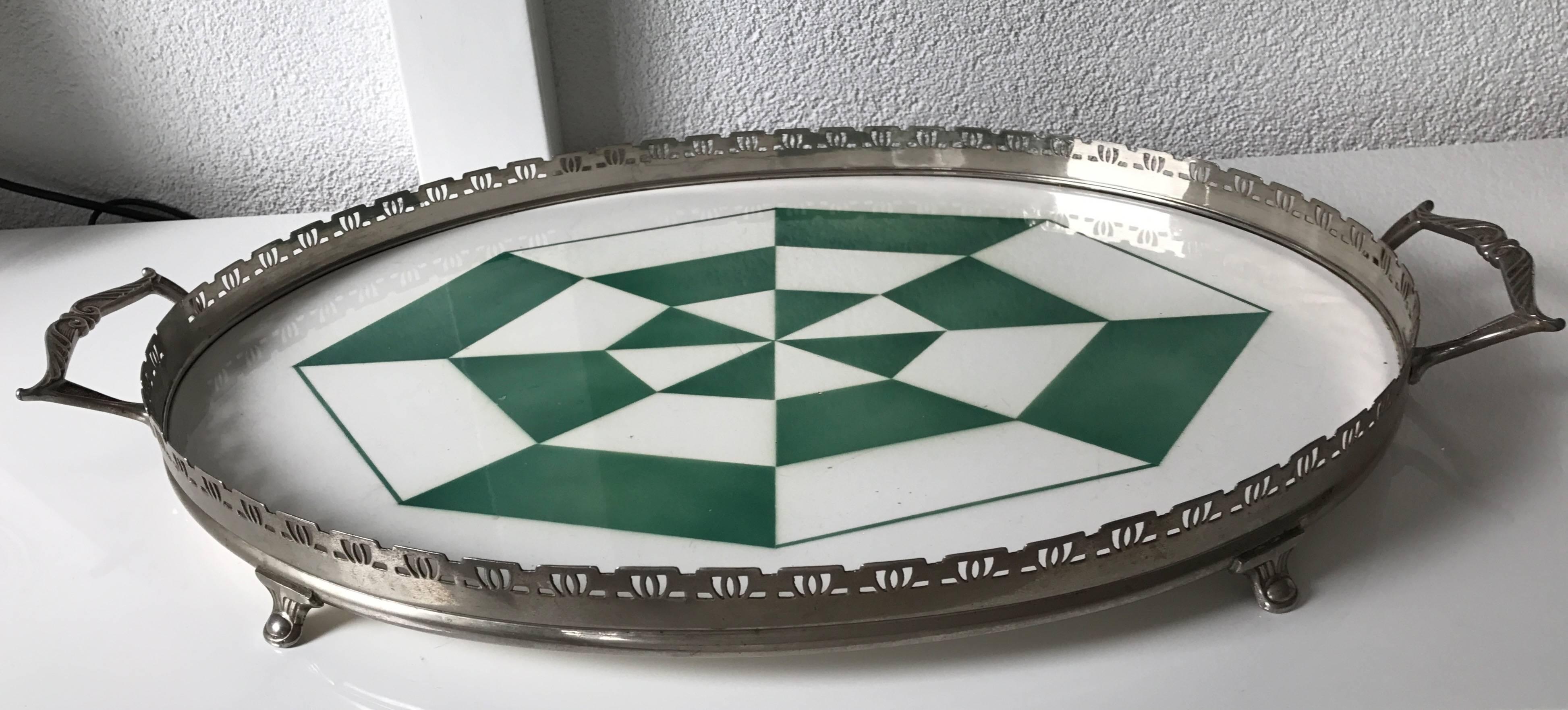 Rare Geometrical Design Art Deco Mint Tile Serving Tray 1920s with Makers Marks 1