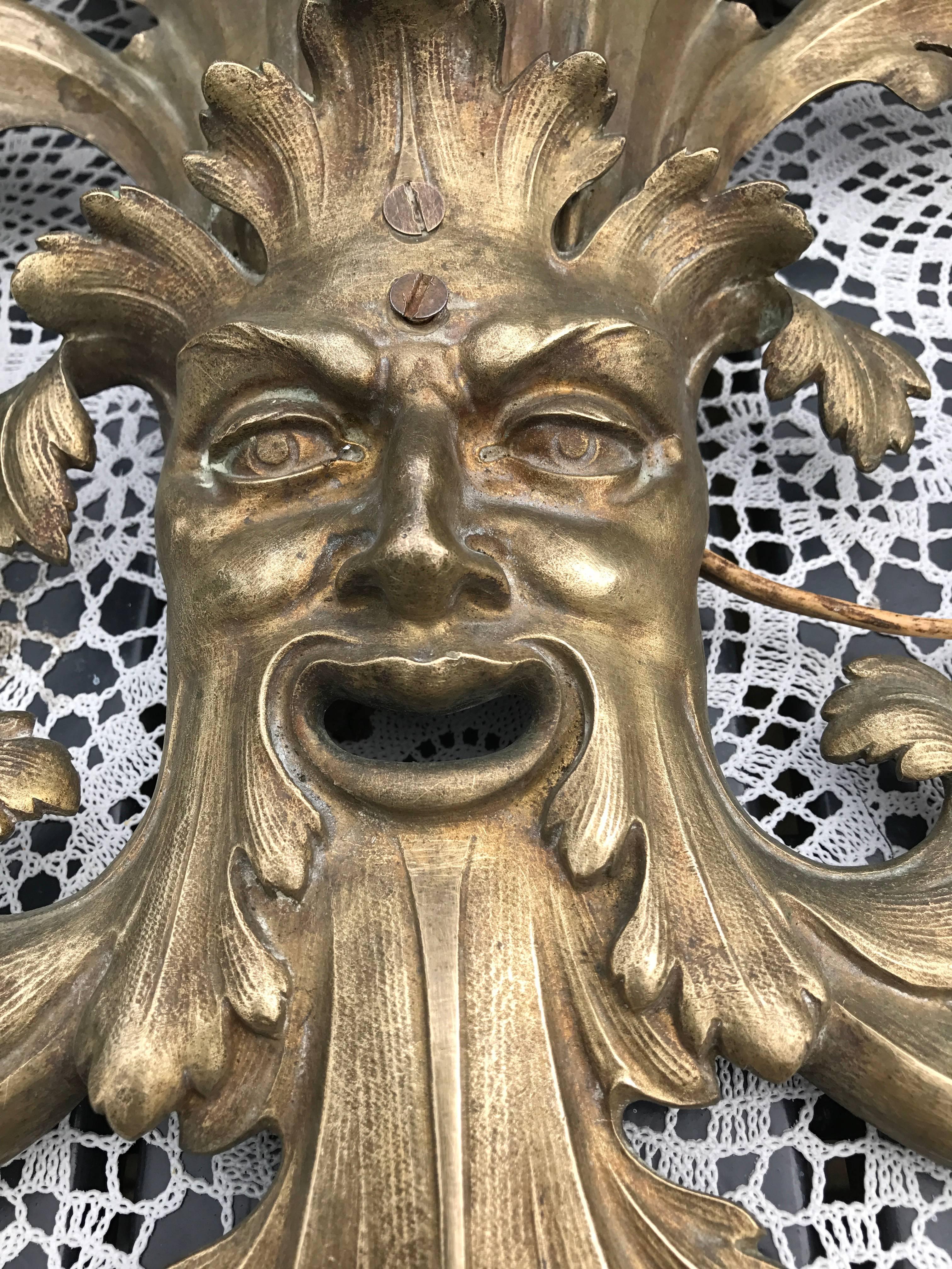 Renaissance Revival Large Bronze and Brass Seven-Light Wall Sconce Light, Green Man Sculpture