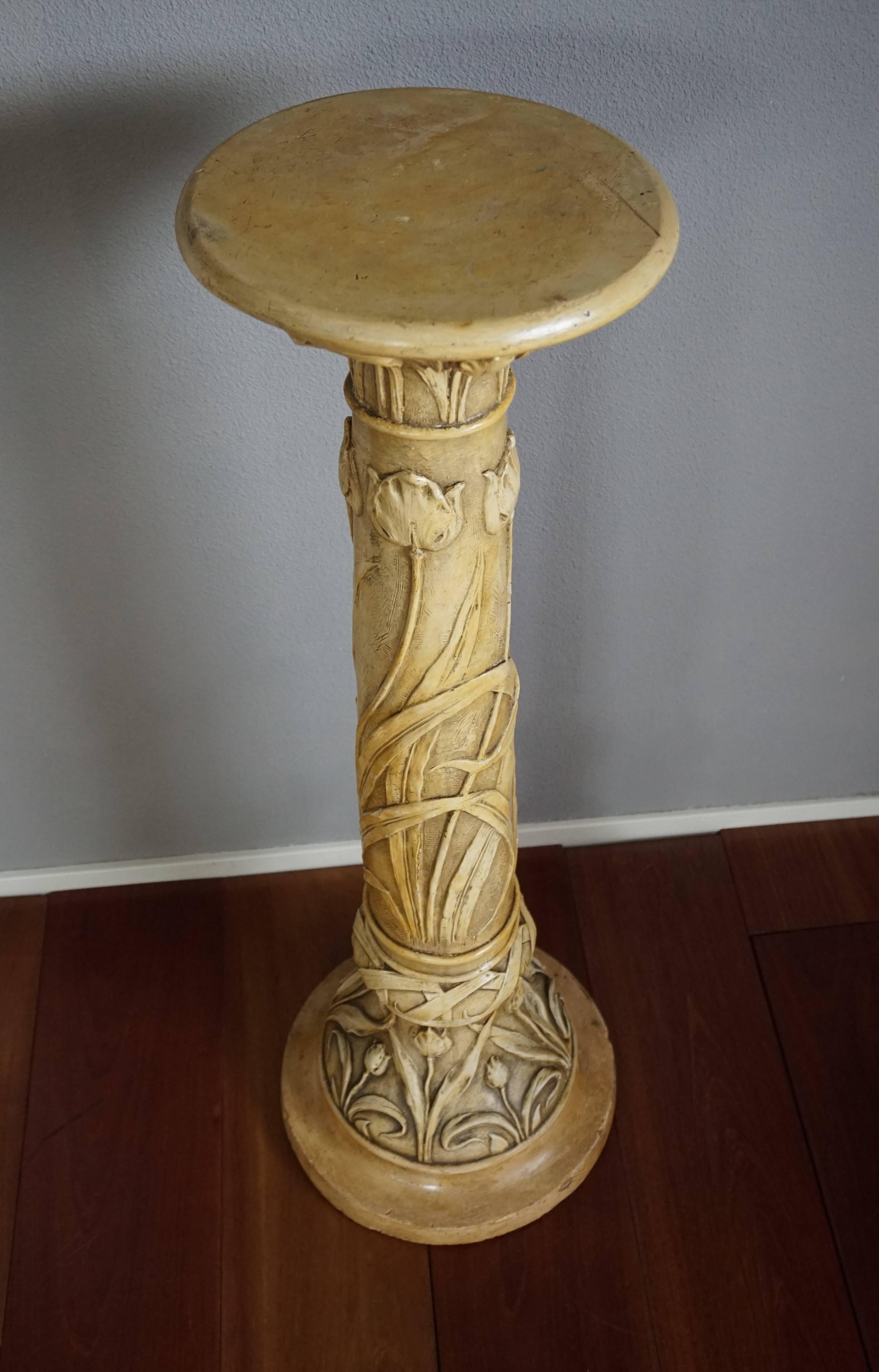Hand-Crafted Art Nouveau One-Piece Plaster Plant Stand with Flower Decor and Signature