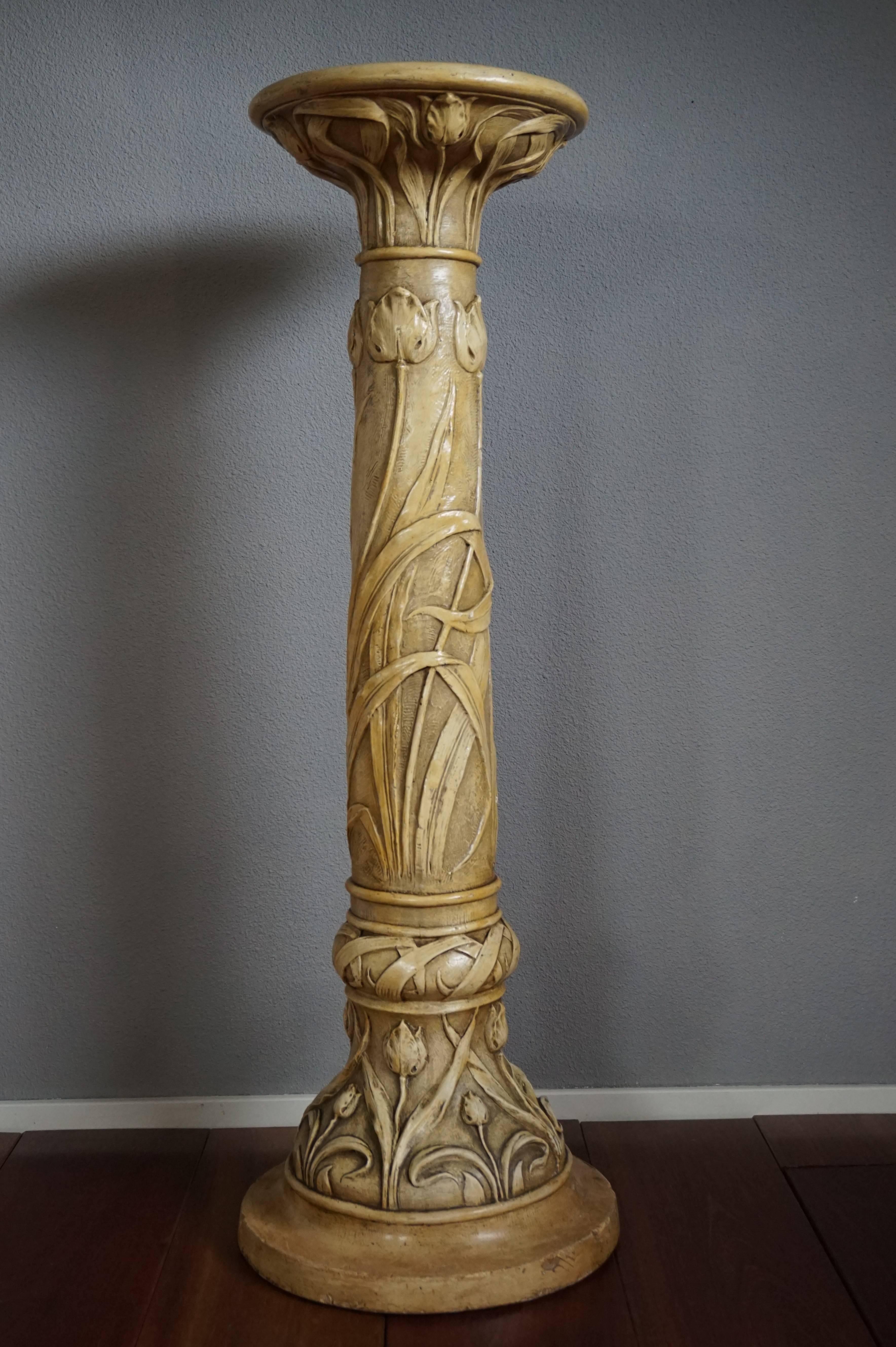 Art Nouveau One-Piece Plaster Plant Stand with Flower Decor and Signature 2