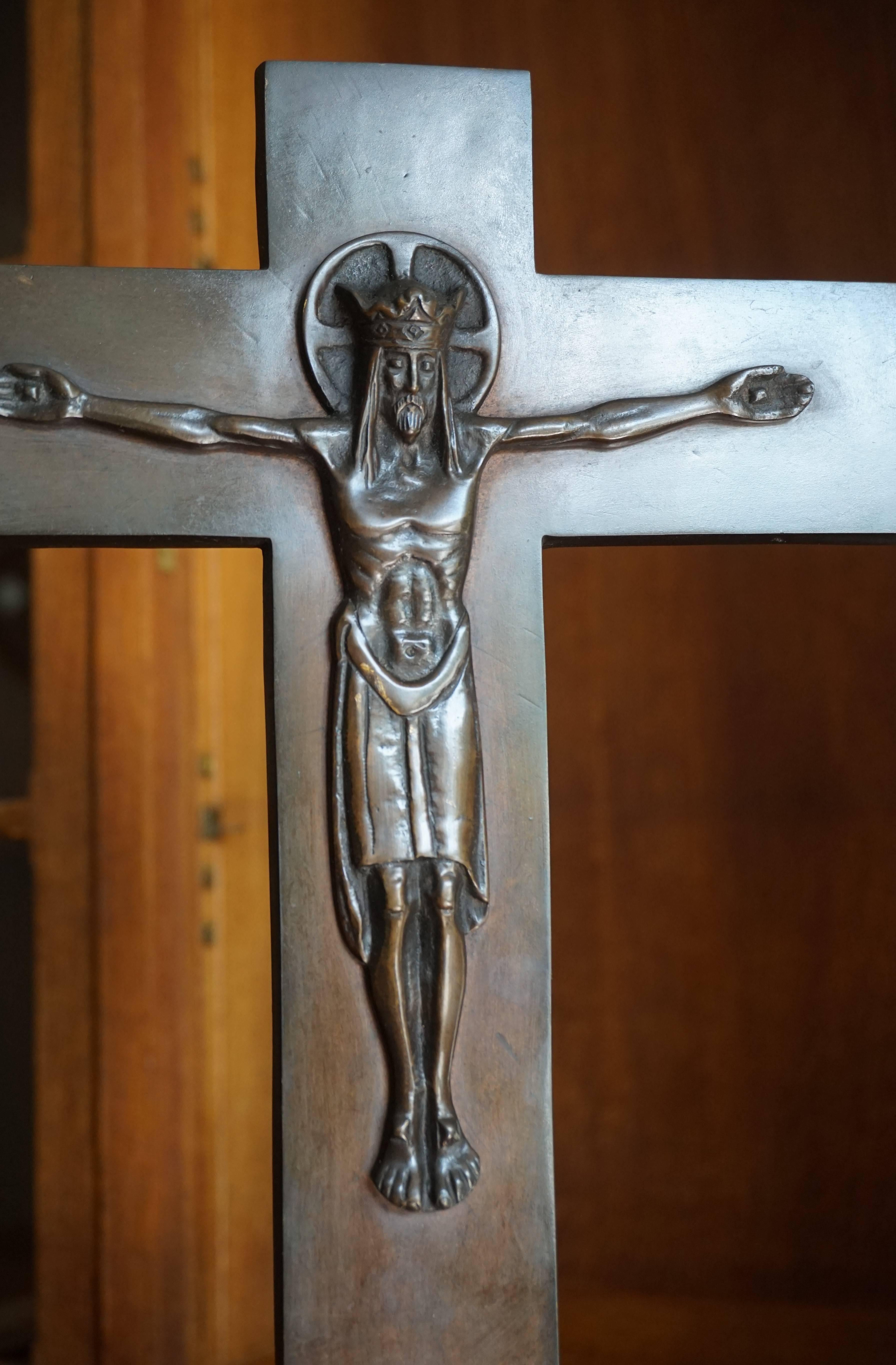 Rare Early 20th Century Art Deco Era, Bronze Crucifix with a Crowned Christ 3